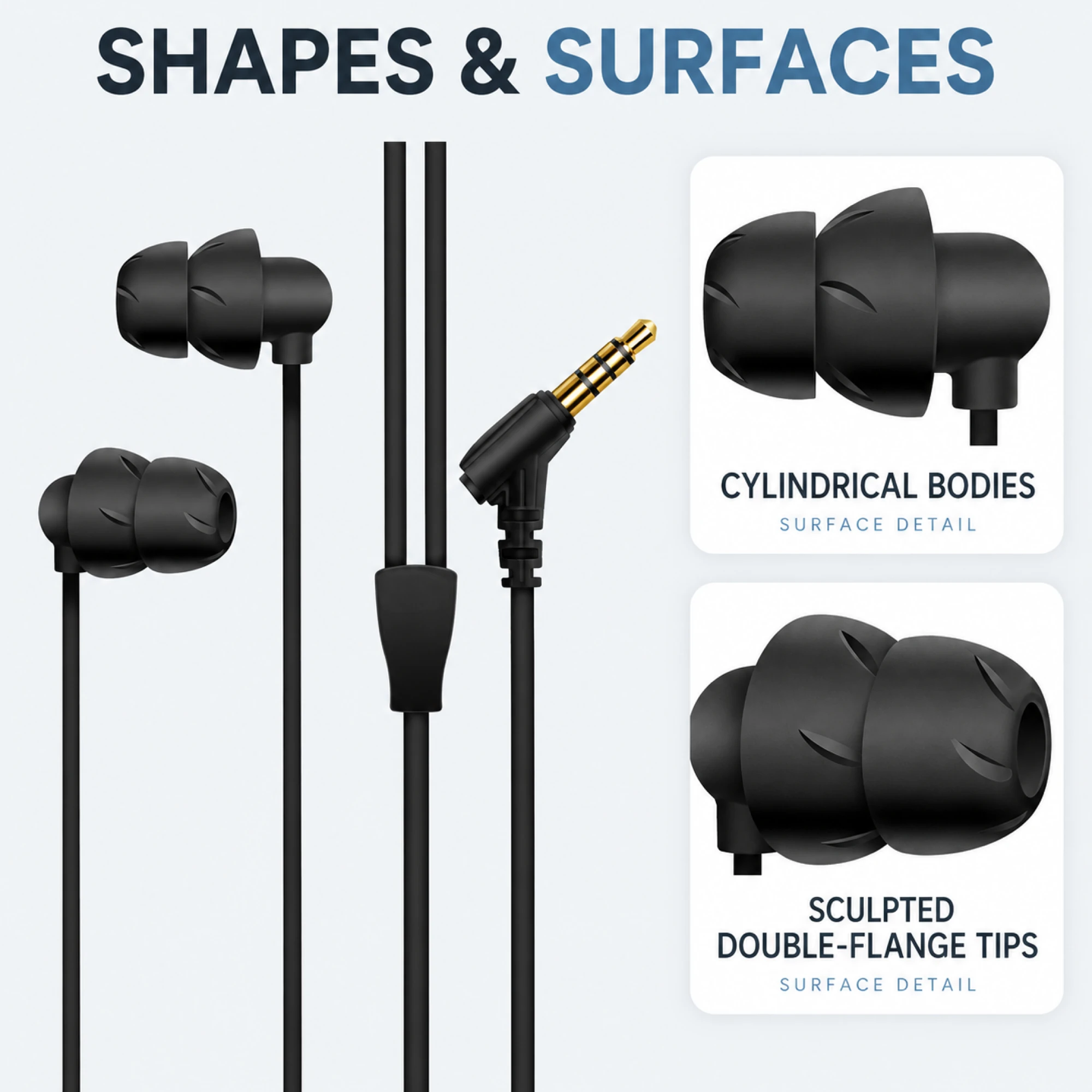 Black Wired Sleep Earbuds with Sculpted Tips — surface detail