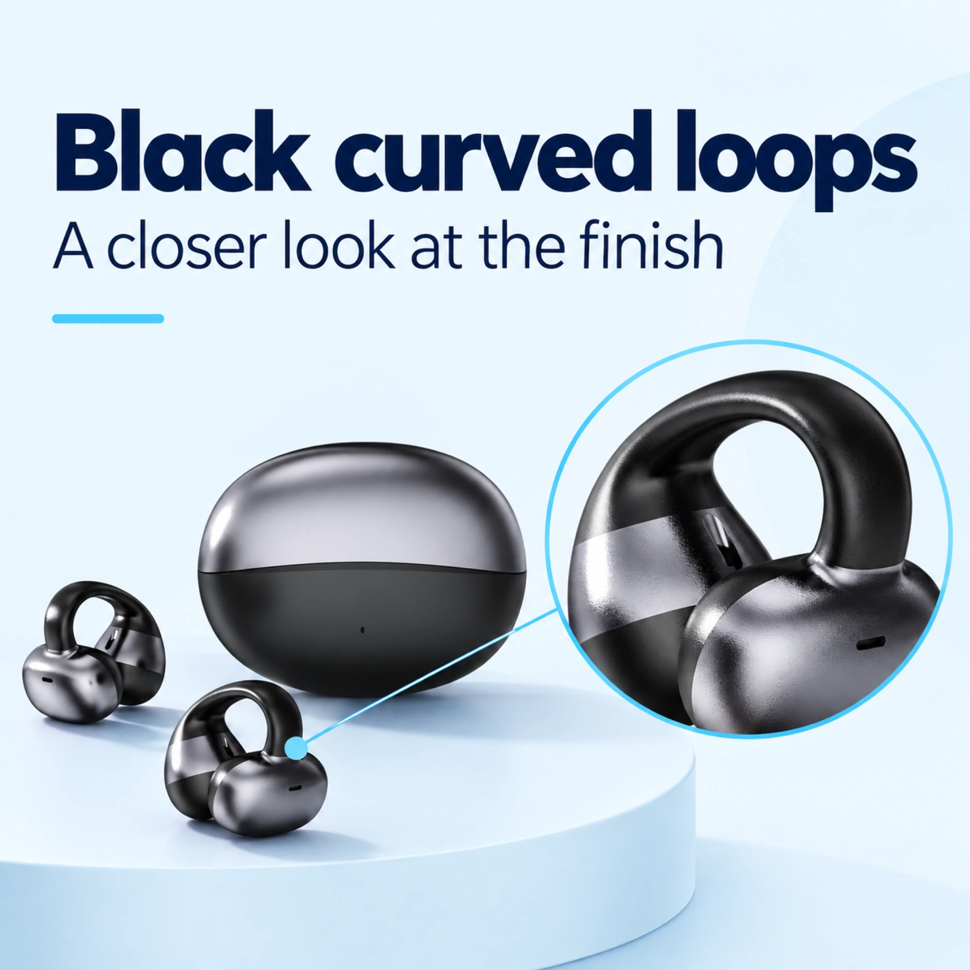 Black Pebble-Case Clip-On Earbuds — surface detail