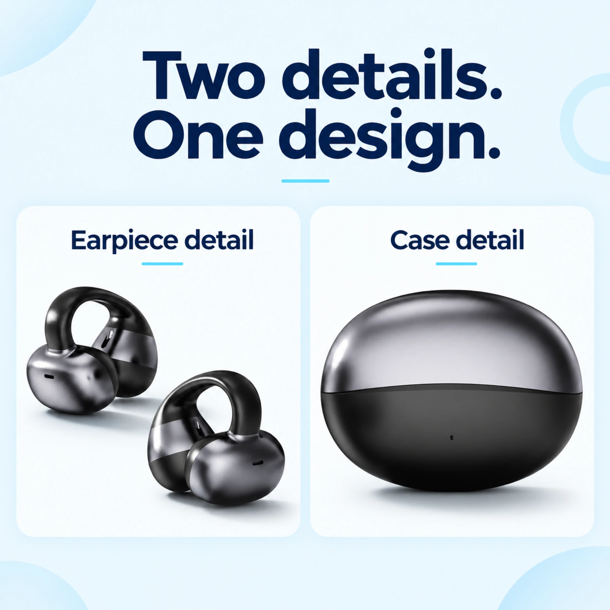 Black Pebble-Case Clip-On Earbuds — design details