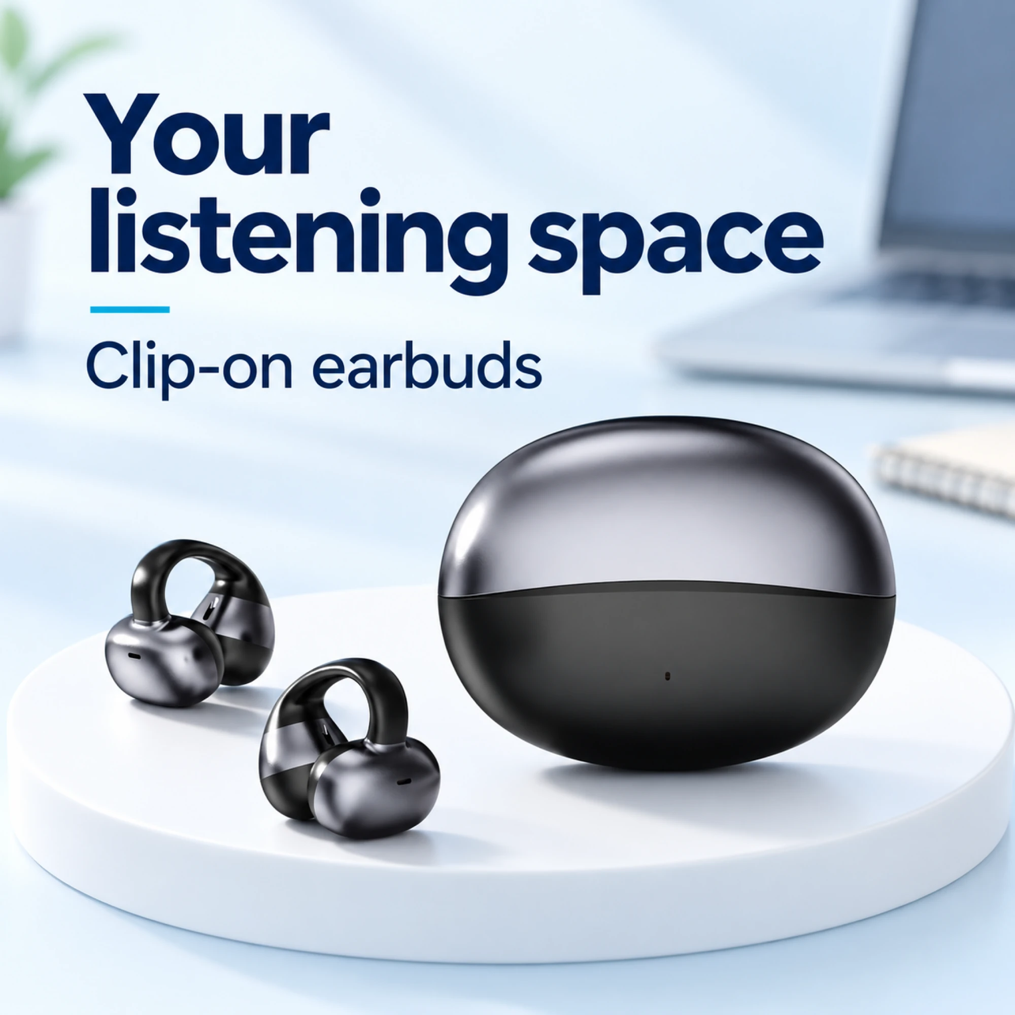 Black Pebble-Case Clip-On Earbuds — lifestyle