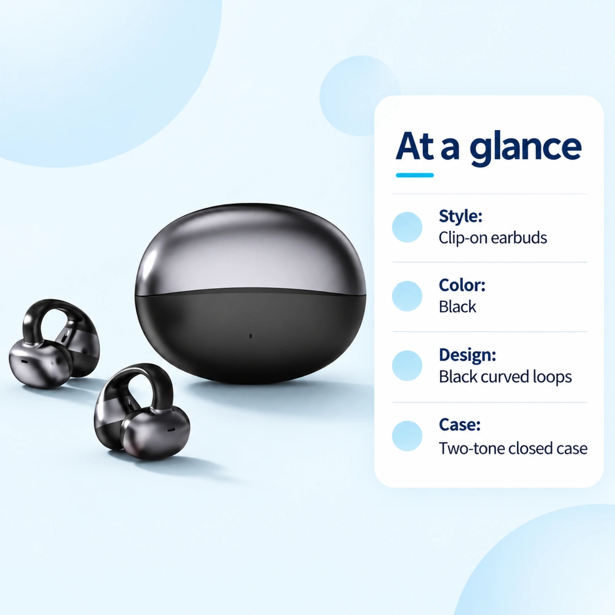 Black Pebble-Case Clip-On Earbuds — at a glance