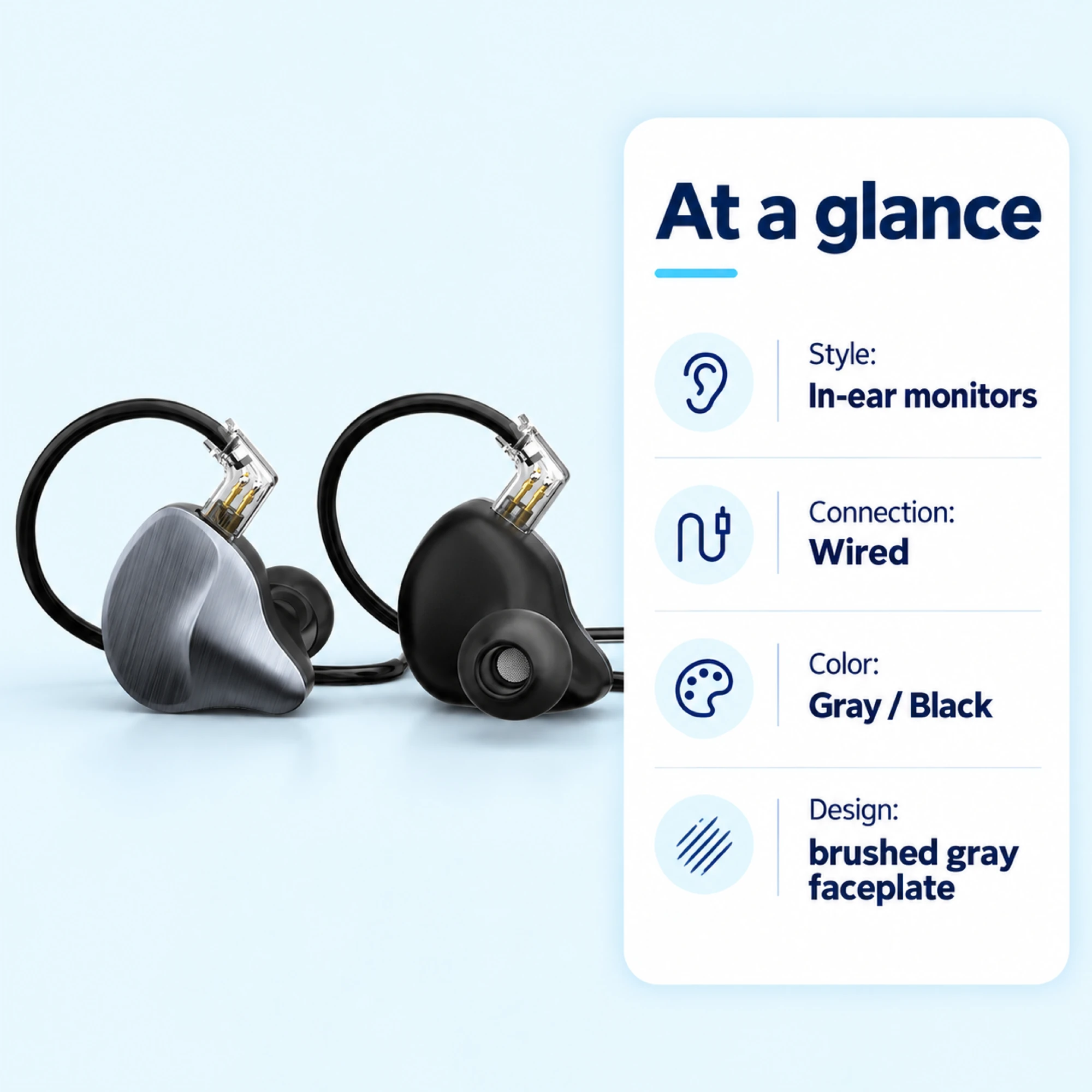 Brushed Gray Two-Pin In-Ear Monitors — at a glance