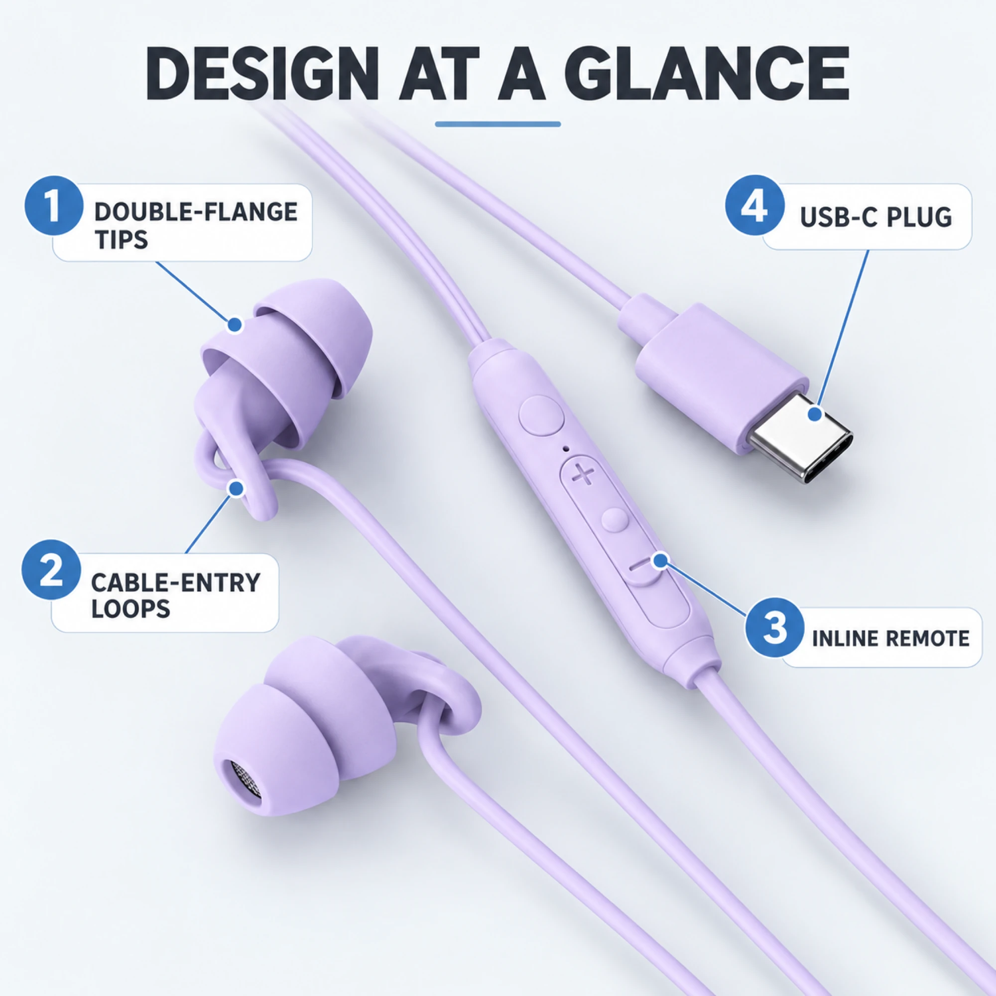 S15 Lavender USB-C Sleep Earbuds with Cable Loops — alternate view