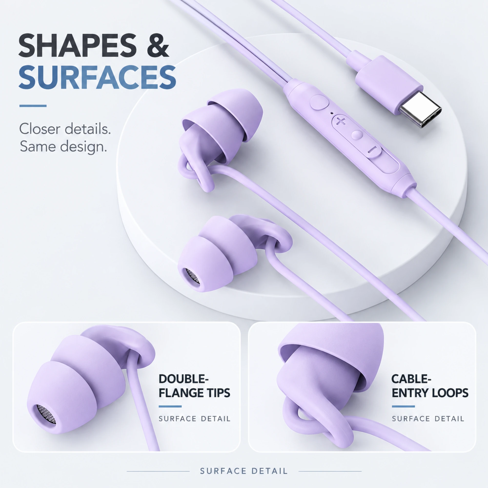 S15 Lavender USB-C Sleep Earbuds with Cable Loops — surface detail