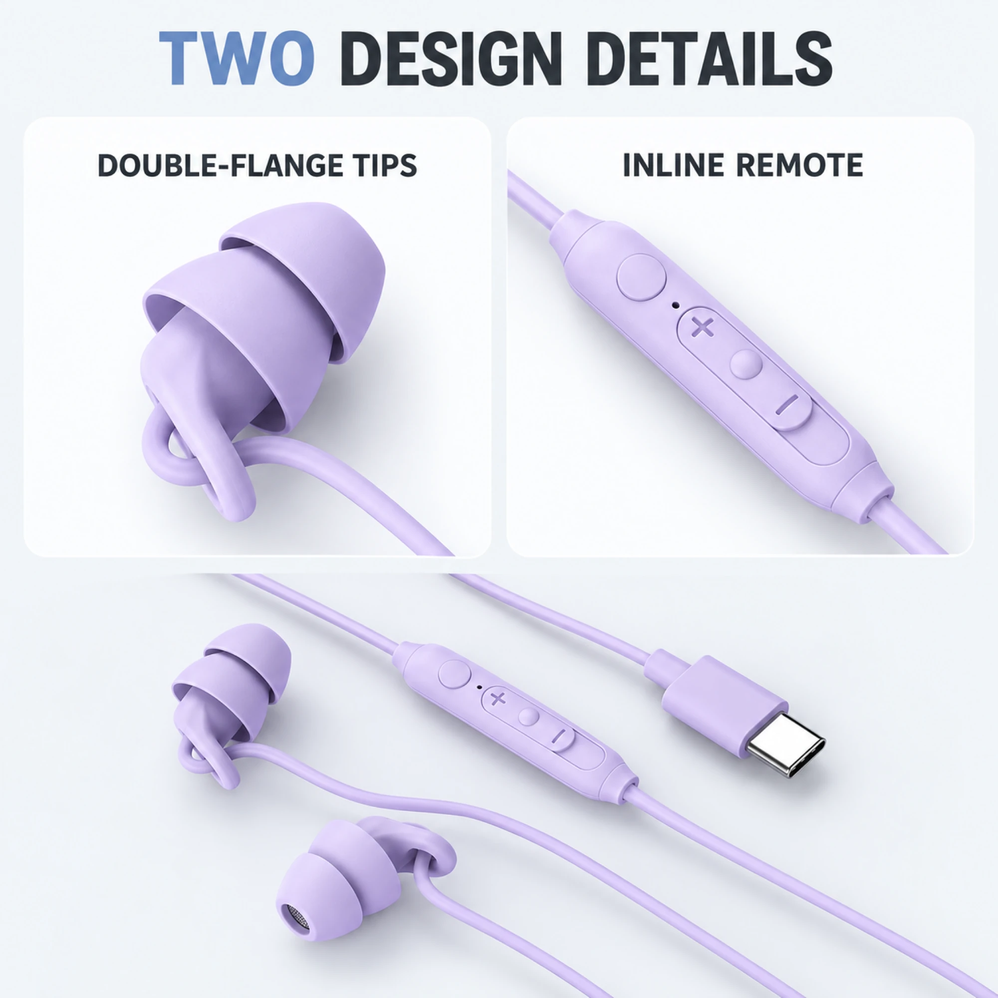 S15 Lavender USB-C Sleep Earbuds with Cable Loops — design details