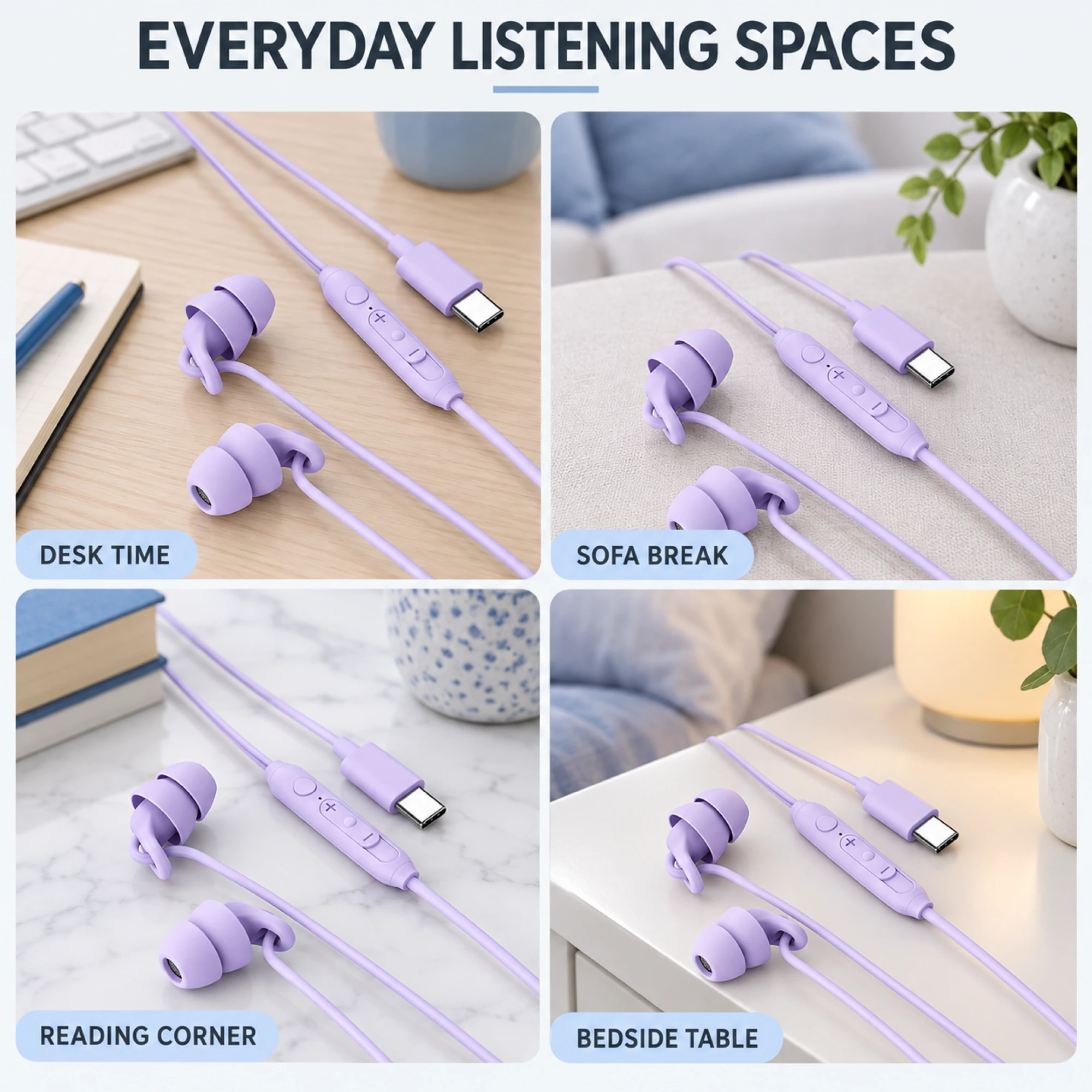 S15 Lavender USB-C Sleep Earbuds with Cable Loops — lifestyle