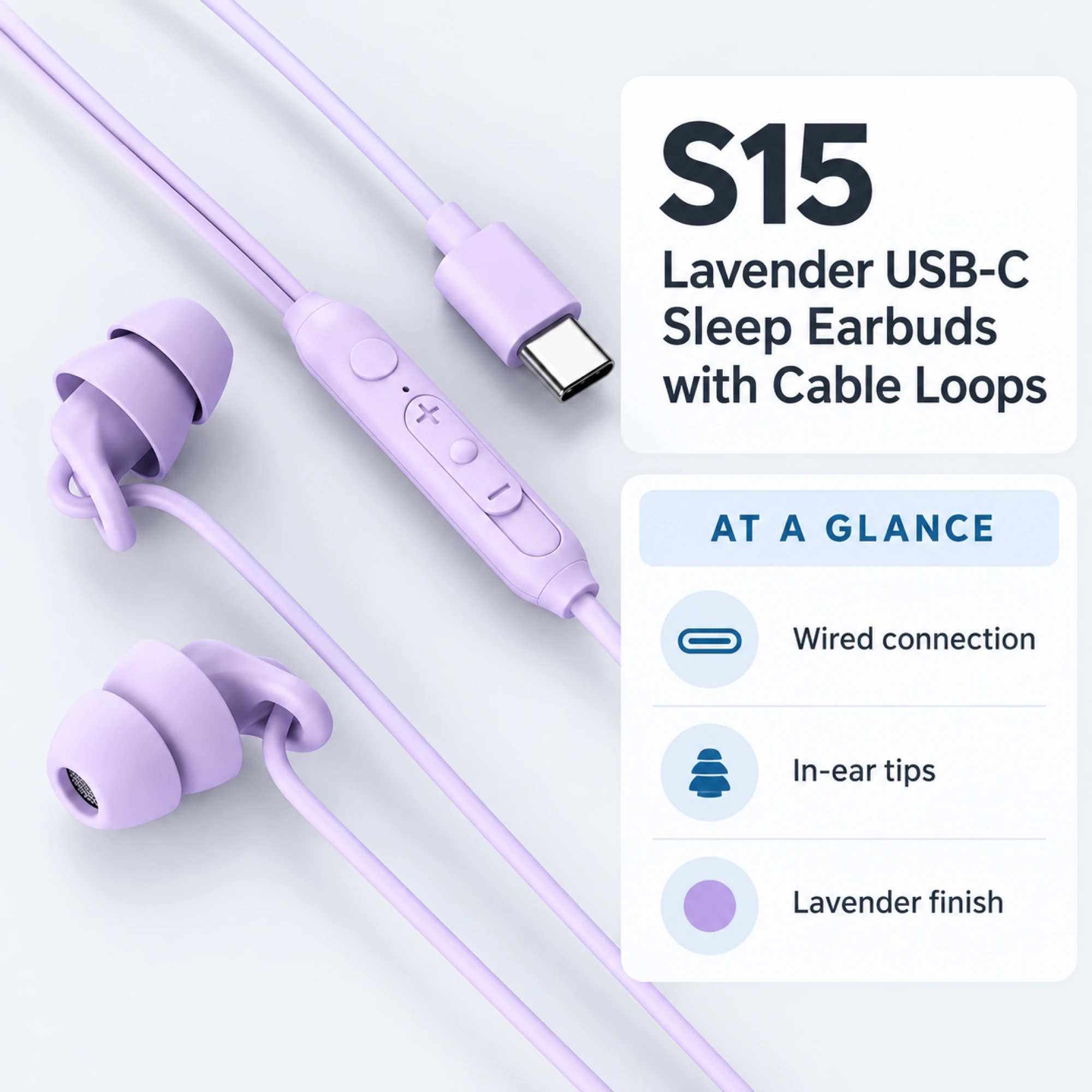 S15 Lavender USB-C Sleep Earbuds with Cable Loops — at a glance