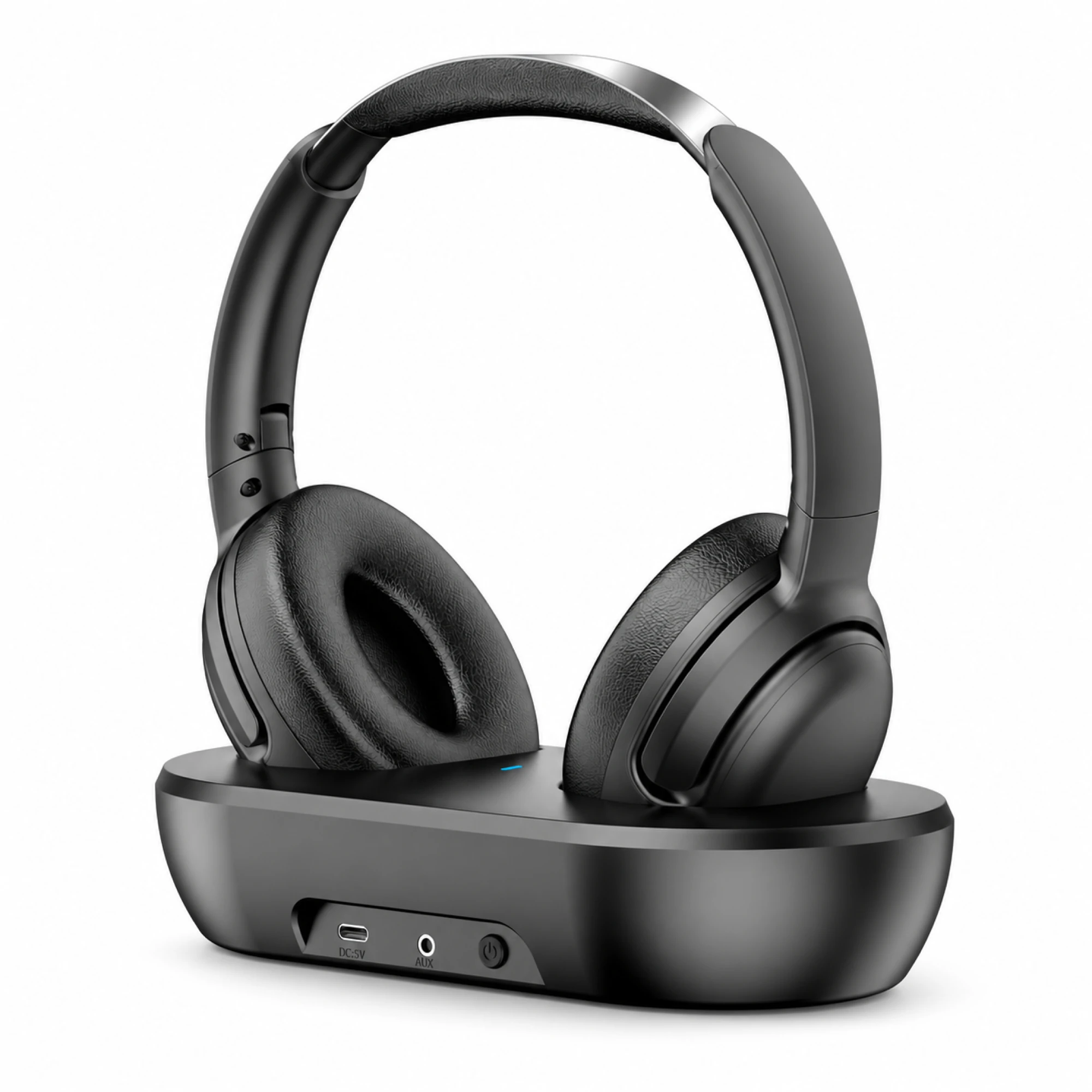 Black Wireless TV Headphones with Front-Port Base