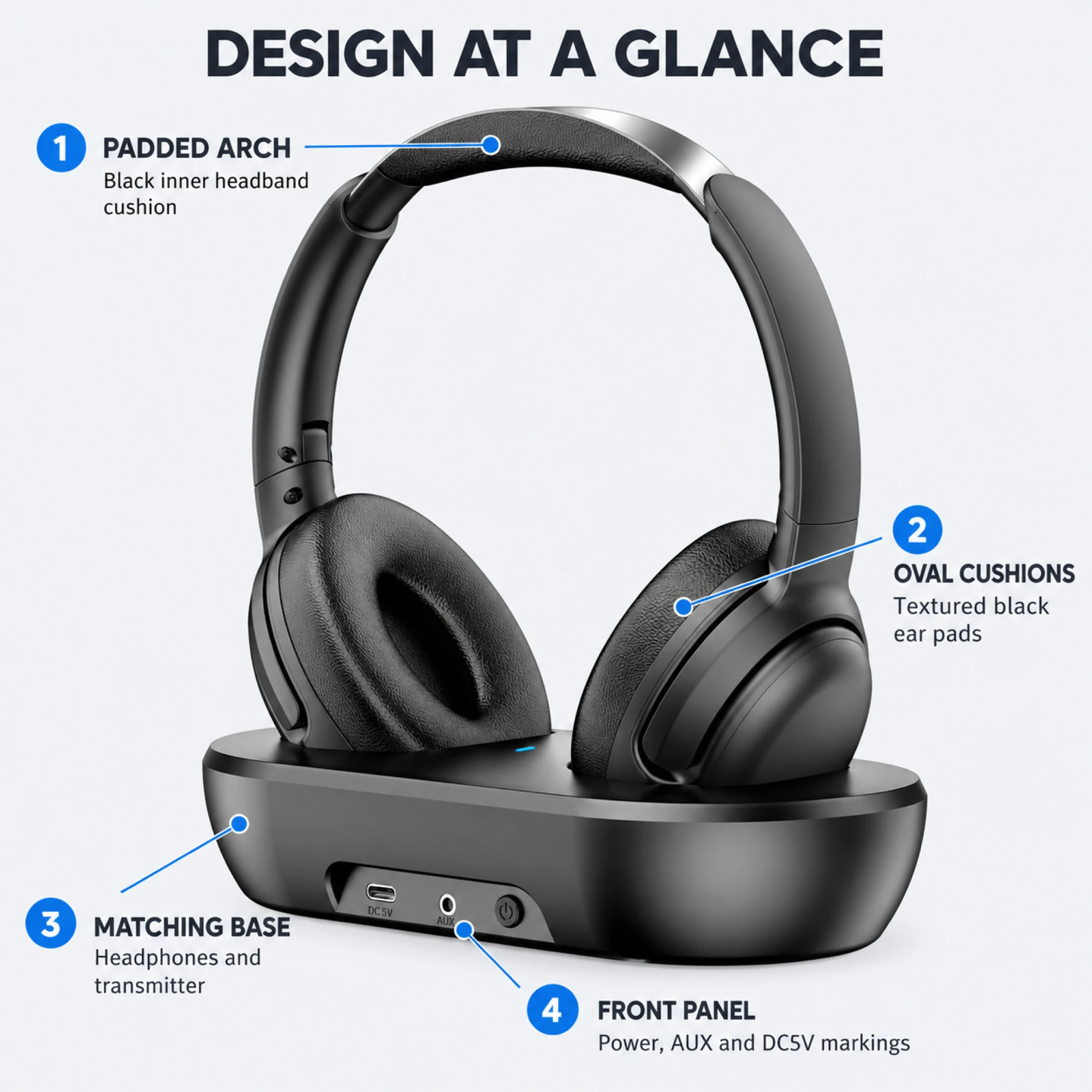 Black Wireless TV Headphones with Front-Port Base — alternate view