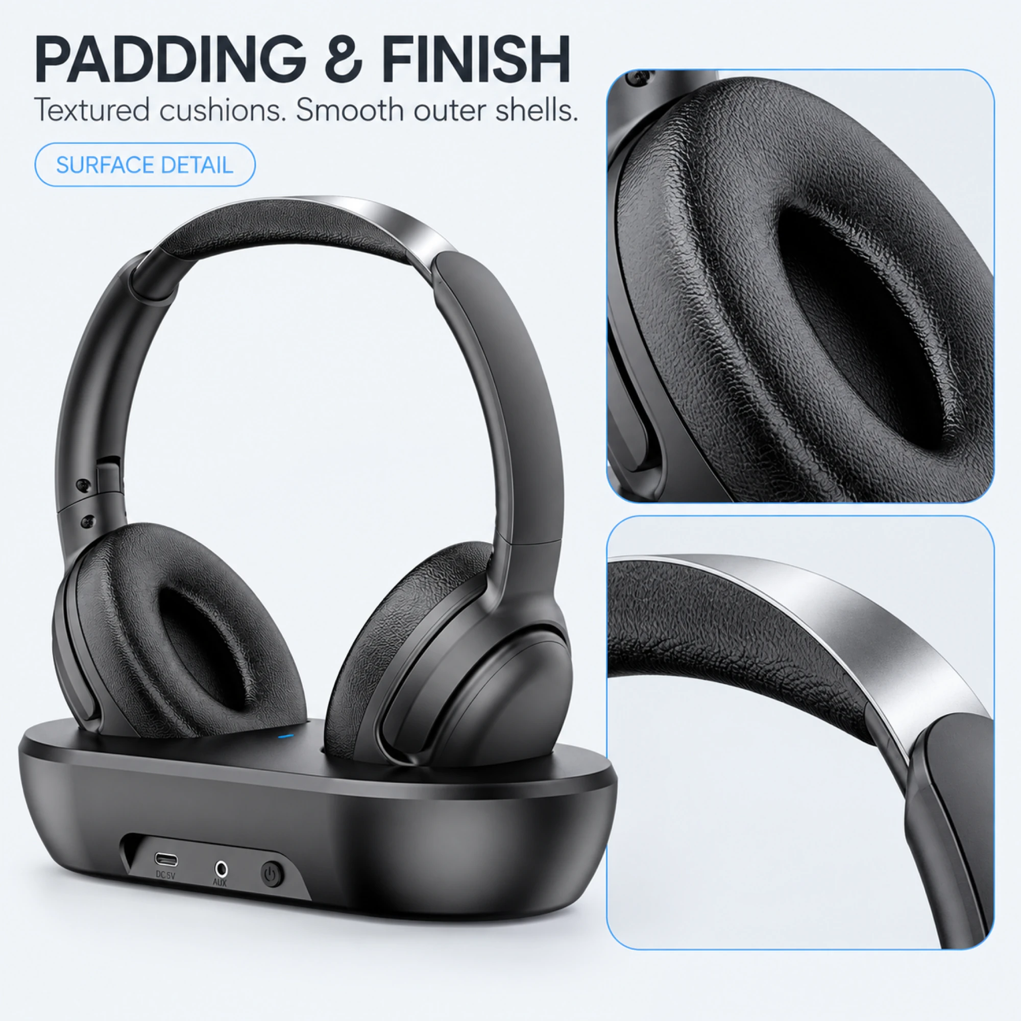 Black Wireless TV Headphones with Front-Port Base — surface detail