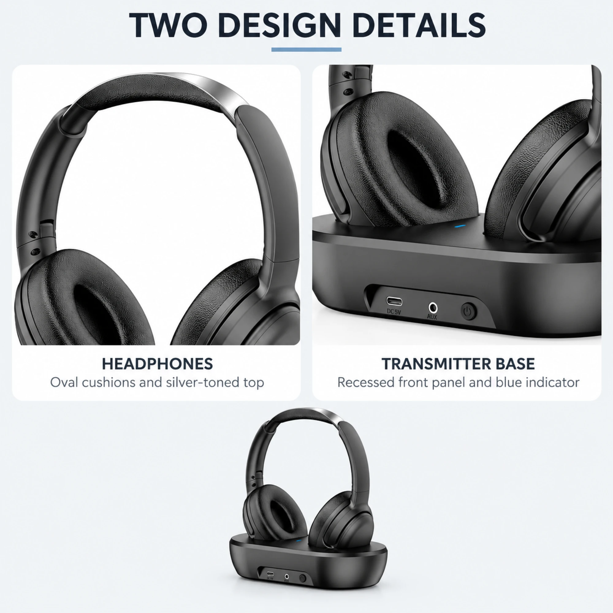 Black Wireless TV Headphones with Front-Port Base — design details