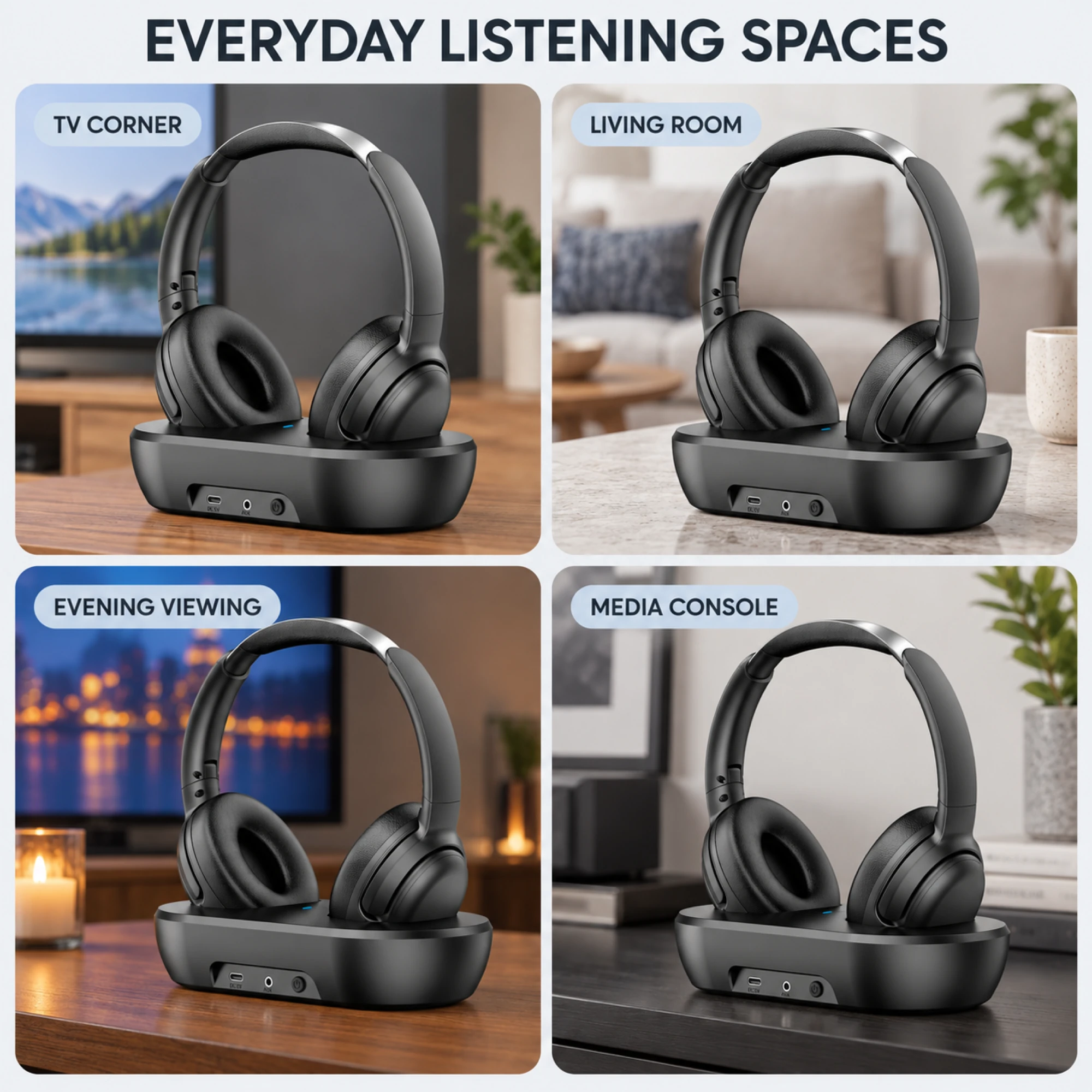 Black Wireless TV Headphones with Front-Port Base — lifestyle