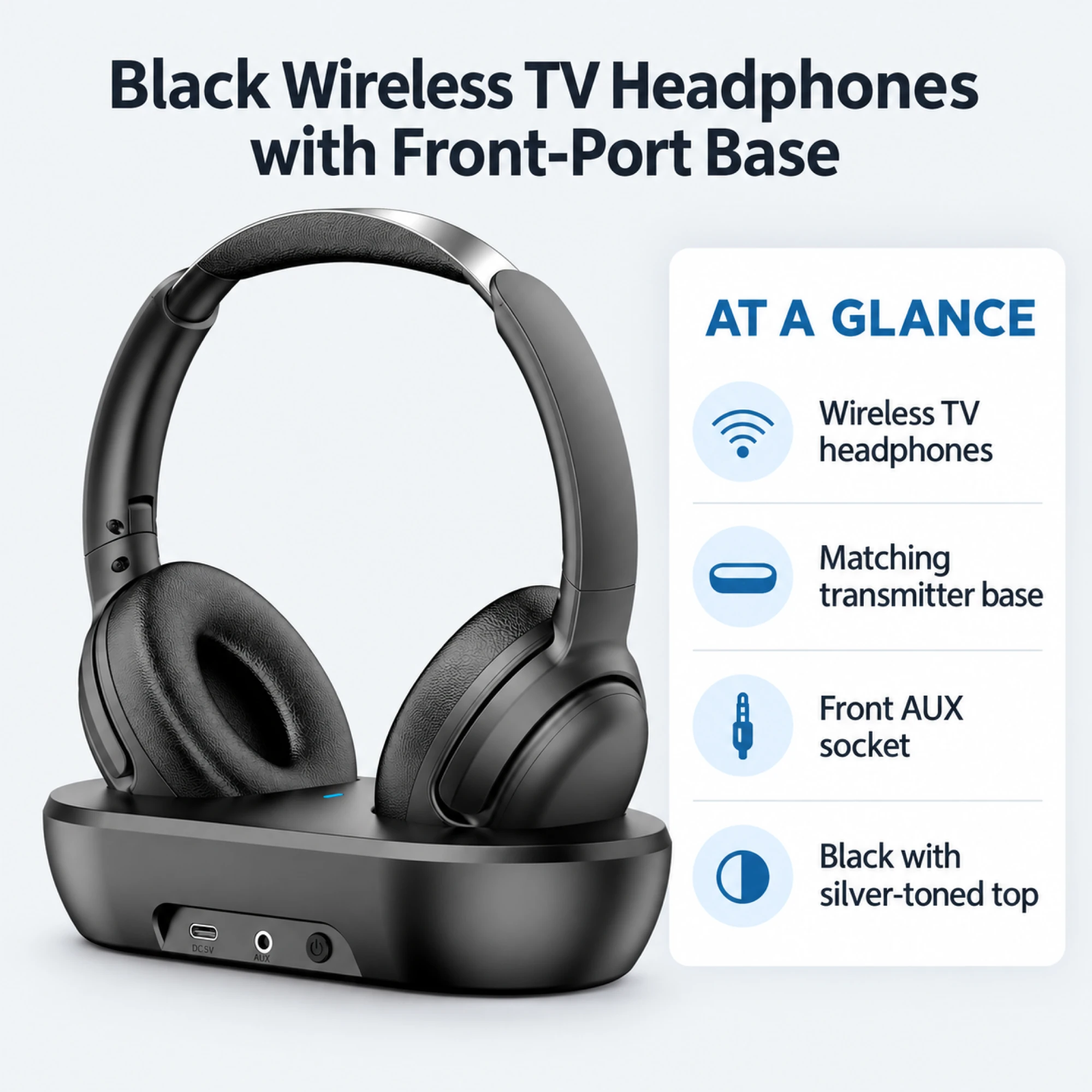 Black Wireless TV Headphones with Front-Port Base — at a glance