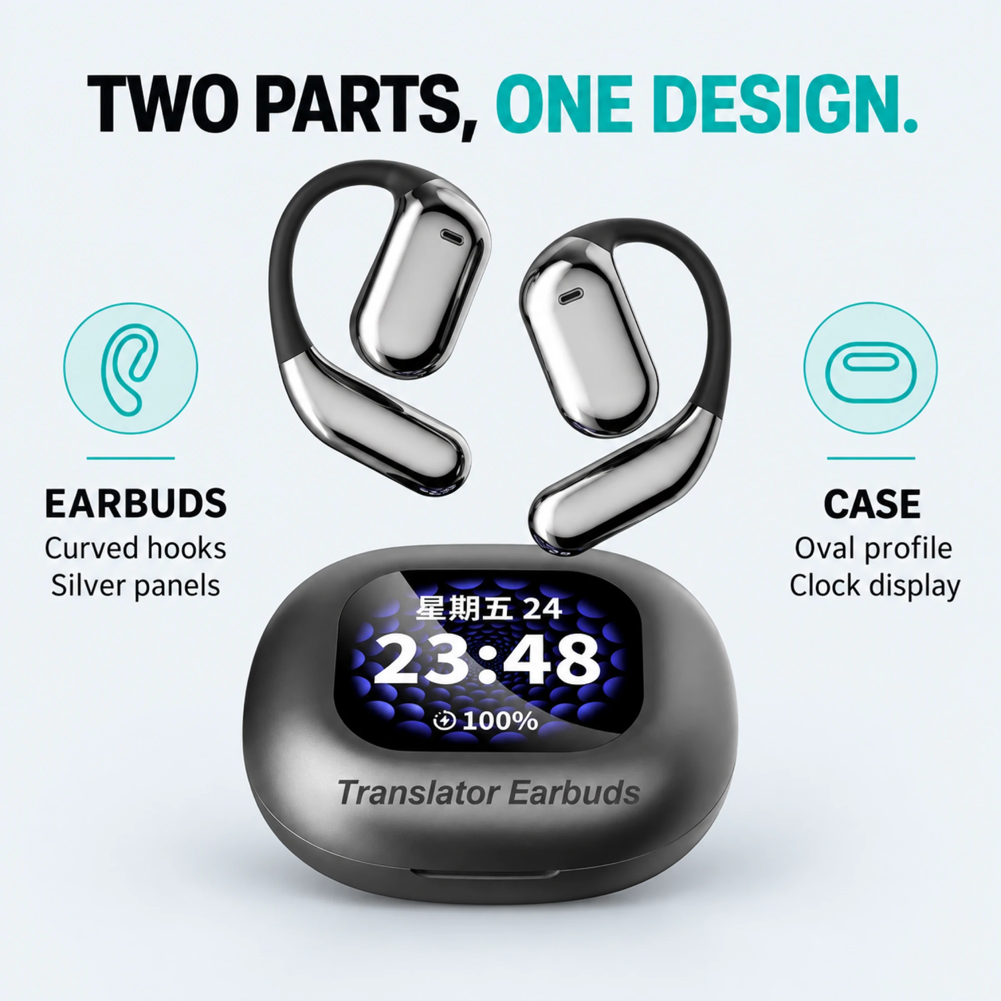 Silver Capsule Clock-Case Translation Earbuds — design details