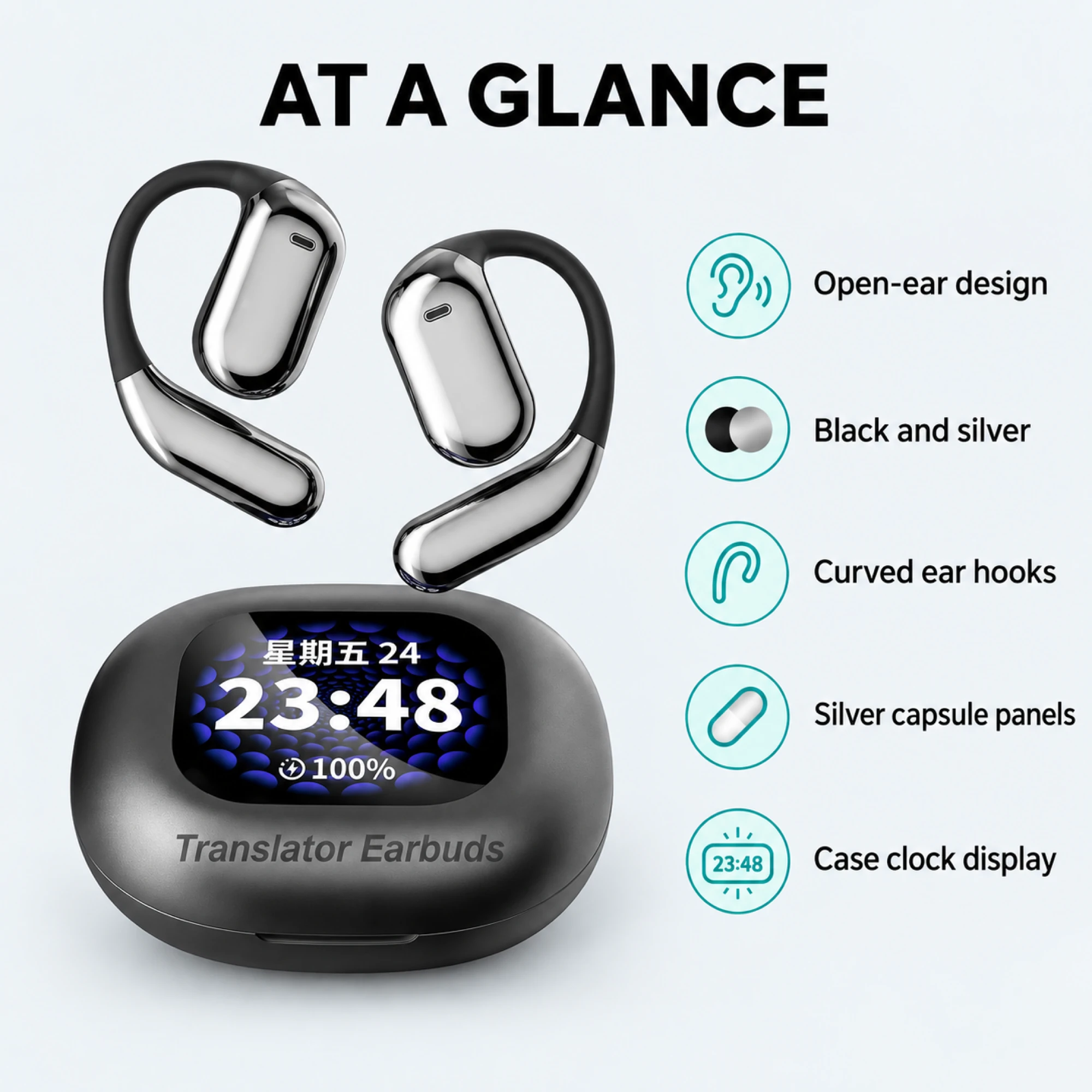 Silver Capsule Clock-Case Translation Earbuds — at a glance