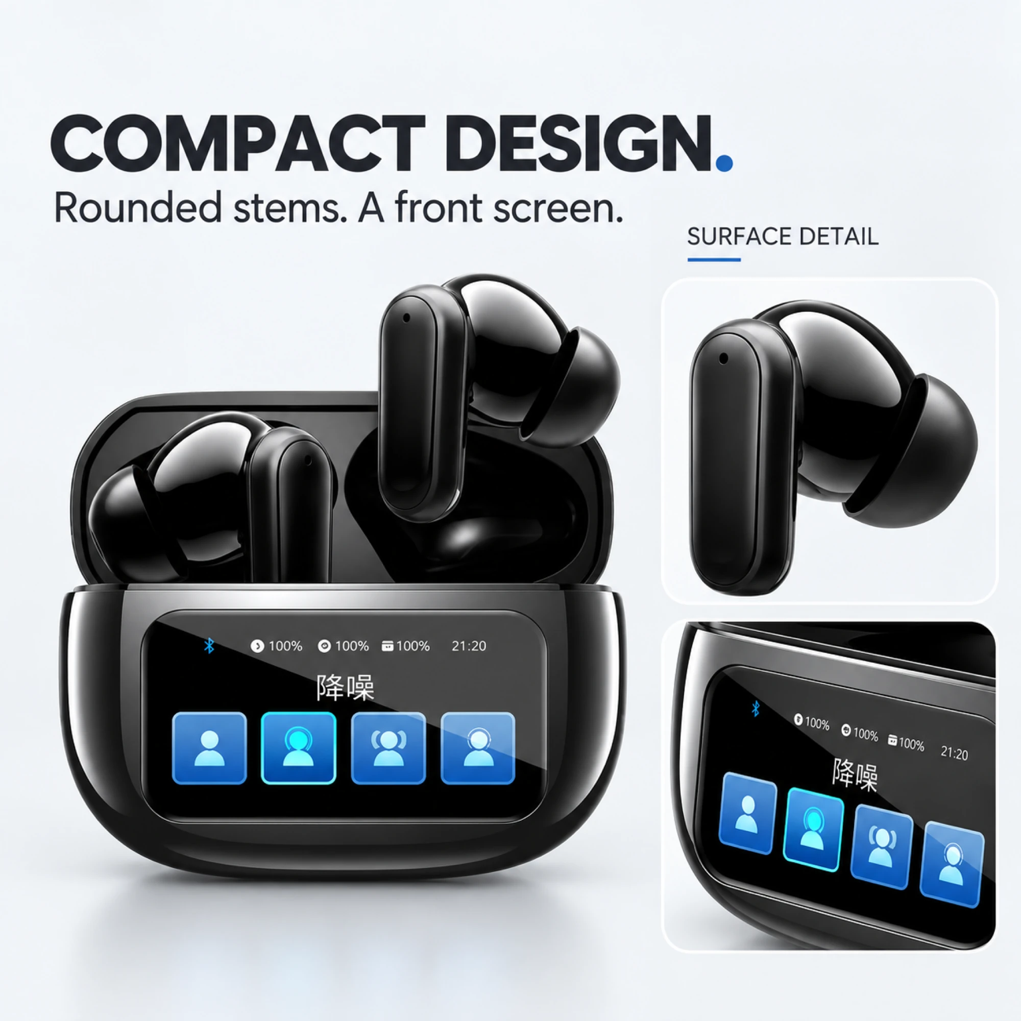 Black Compact ANC Earbuds with Blue-Tile Screen Case — surface detail