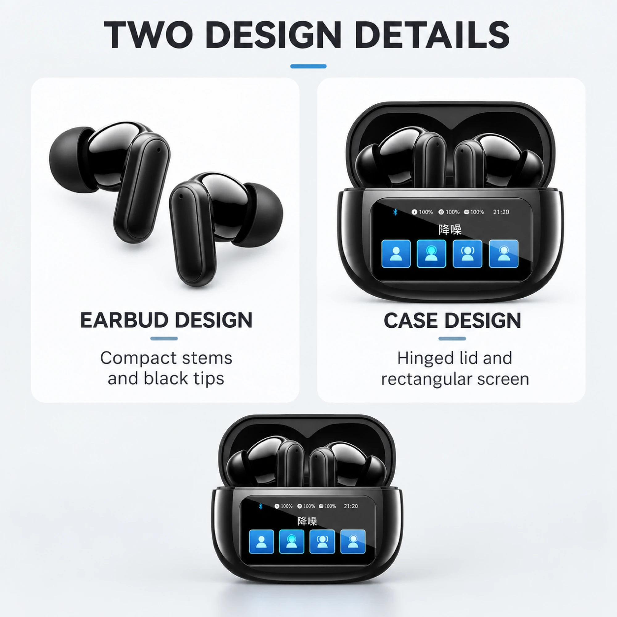 Black Compact ANC Earbuds with Blue-Tile Screen Case — design details