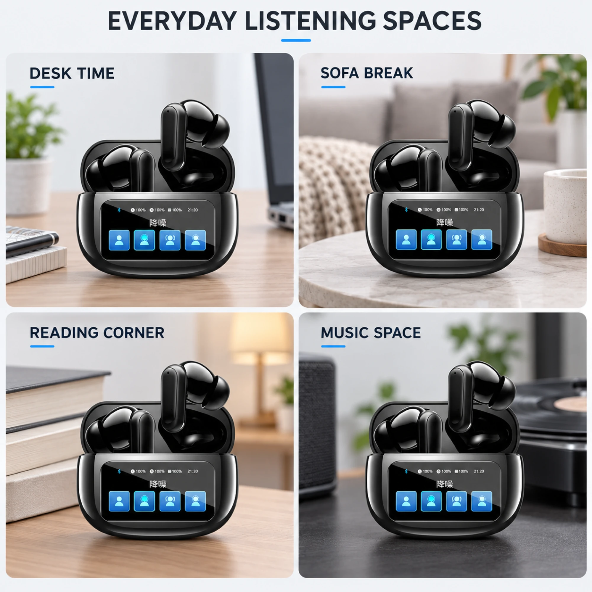 Black Compact ANC Earbuds with Blue-Tile Screen Case — lifestyle
