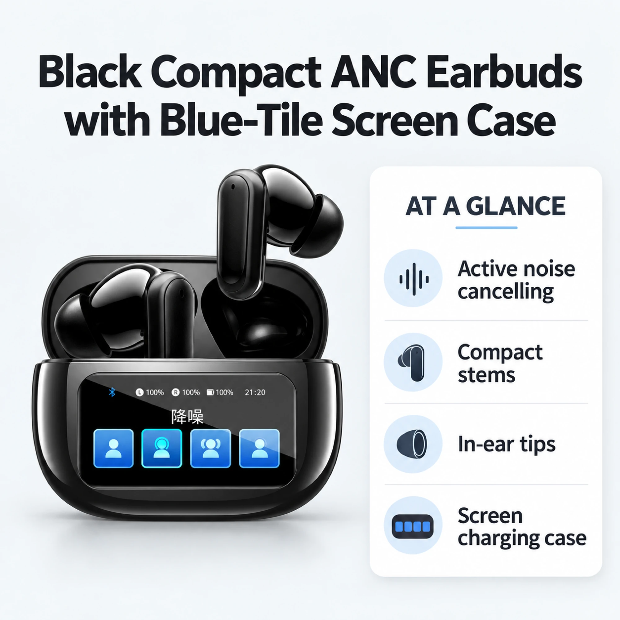 Black Compact ANC Earbuds with Blue-Tile Screen Case — at a glance