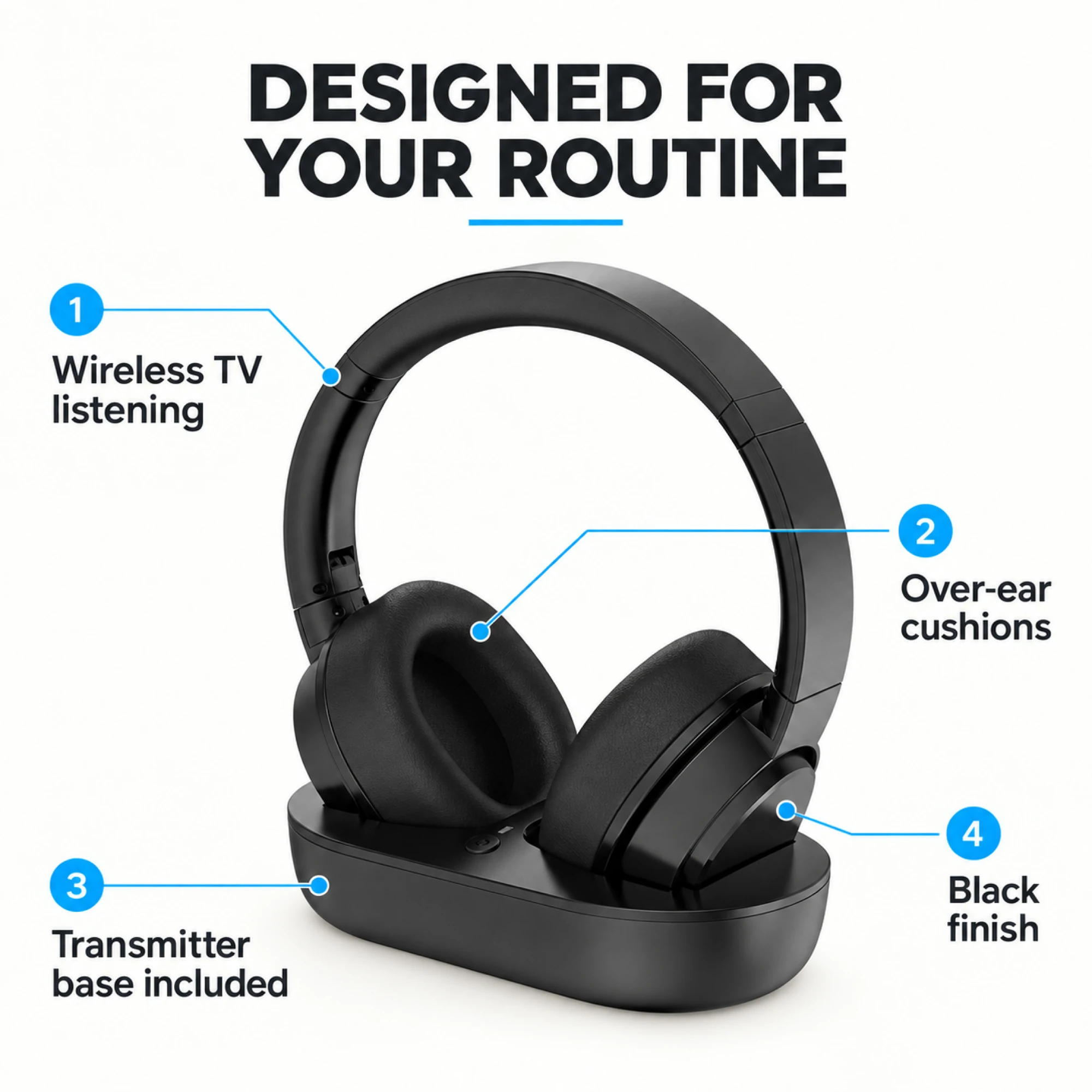Wireless TV Headphones with Transmitter Base — alternate view