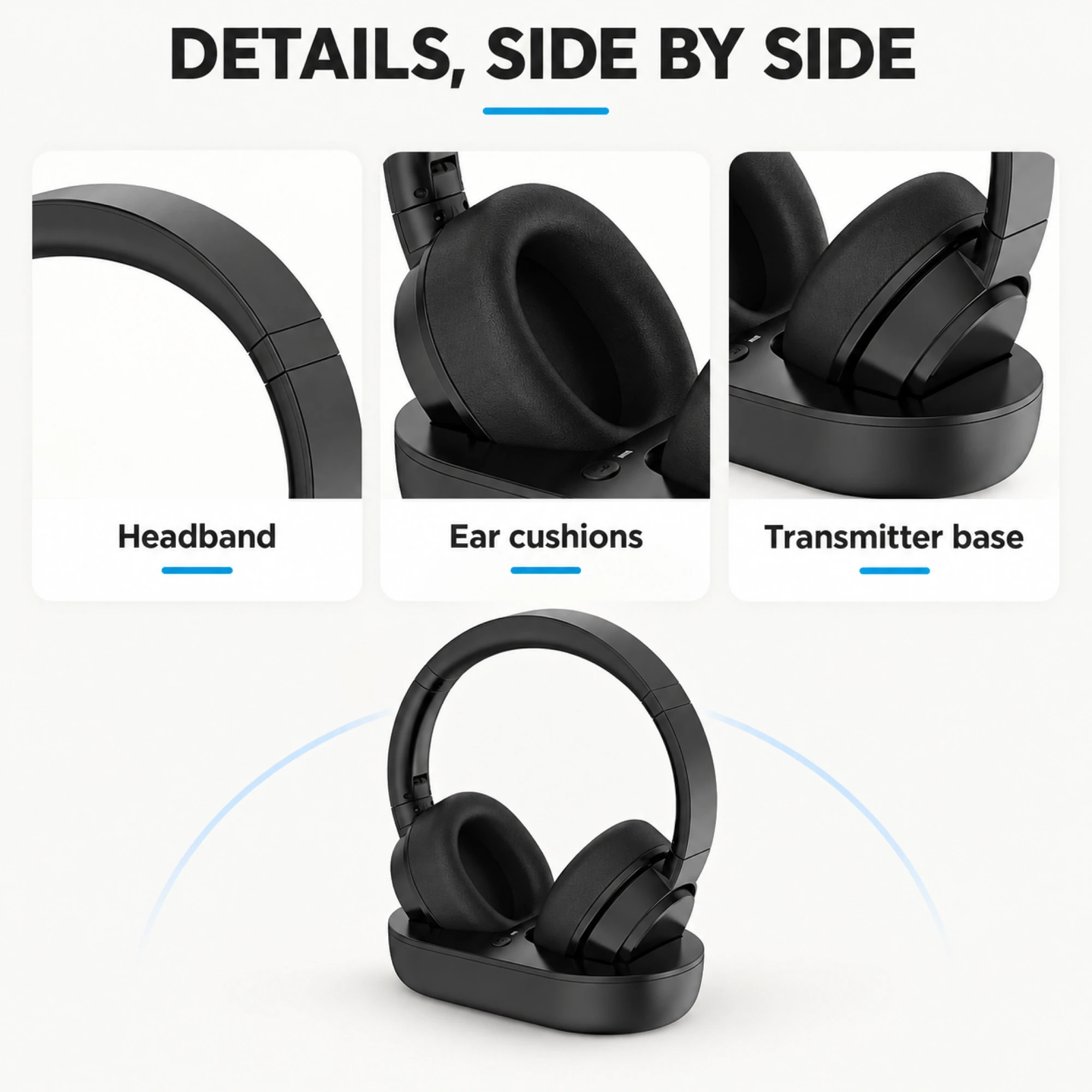 Wireless TV Headphones with Transmitter Base — design details