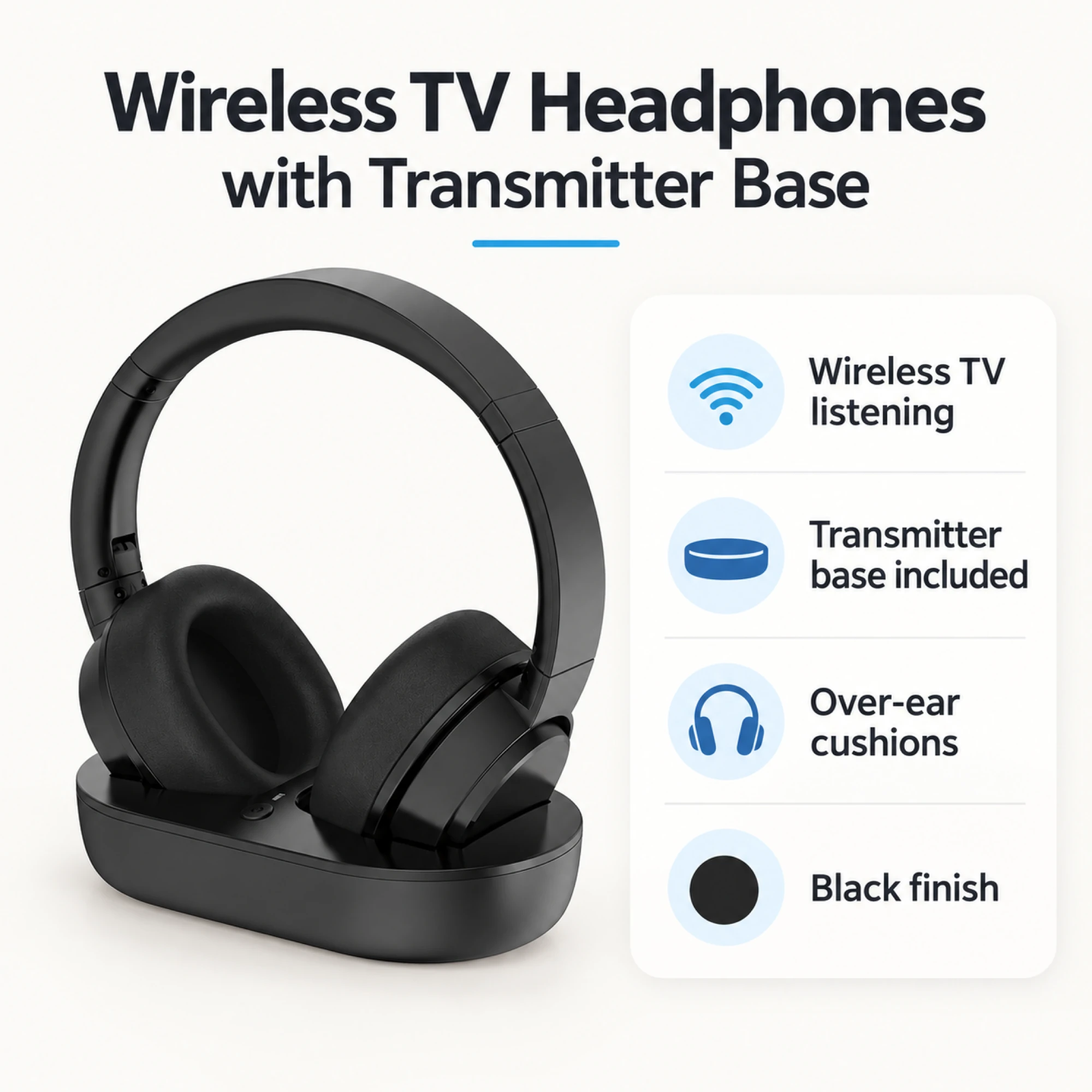 Wireless TV Headphones with Transmitter Base — at a glance