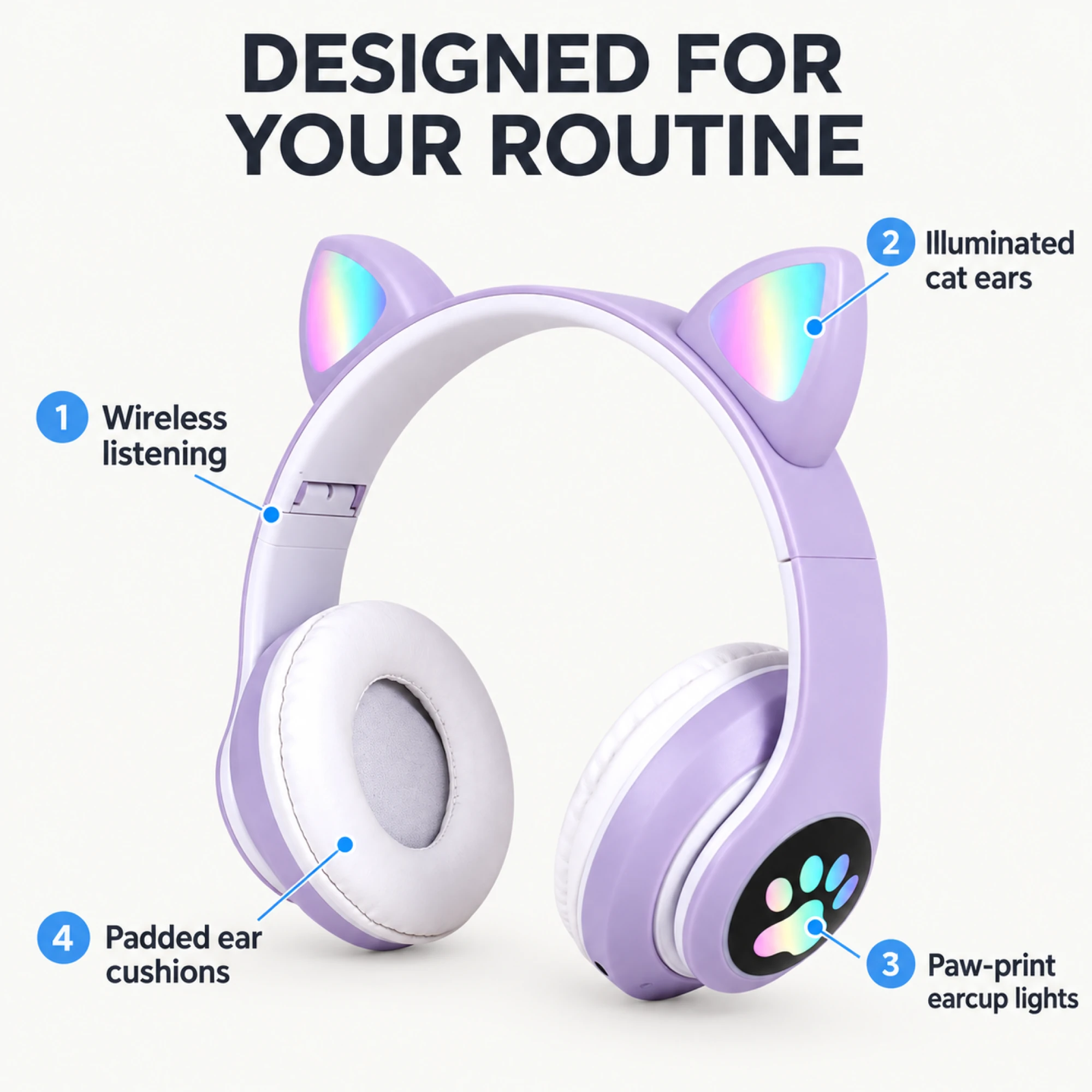 STN-28 Lavender Cat Ear Wireless Headphones — alternate view
