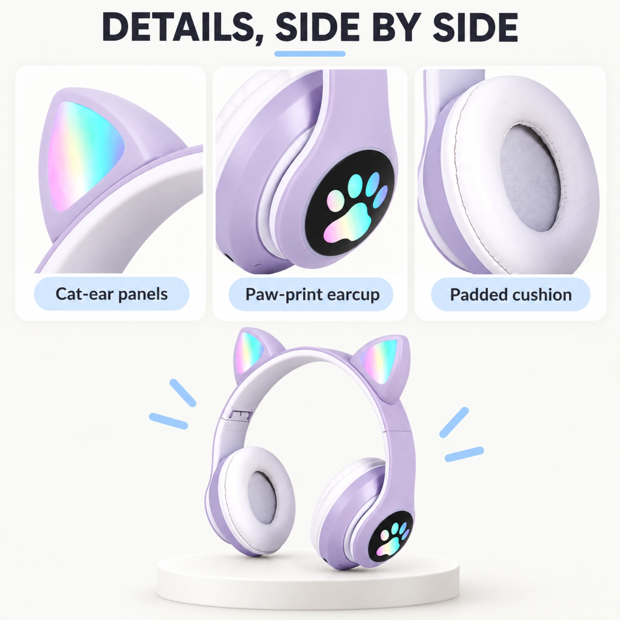 STN-28 Lavender Cat Ear Wireless Headphones — design details