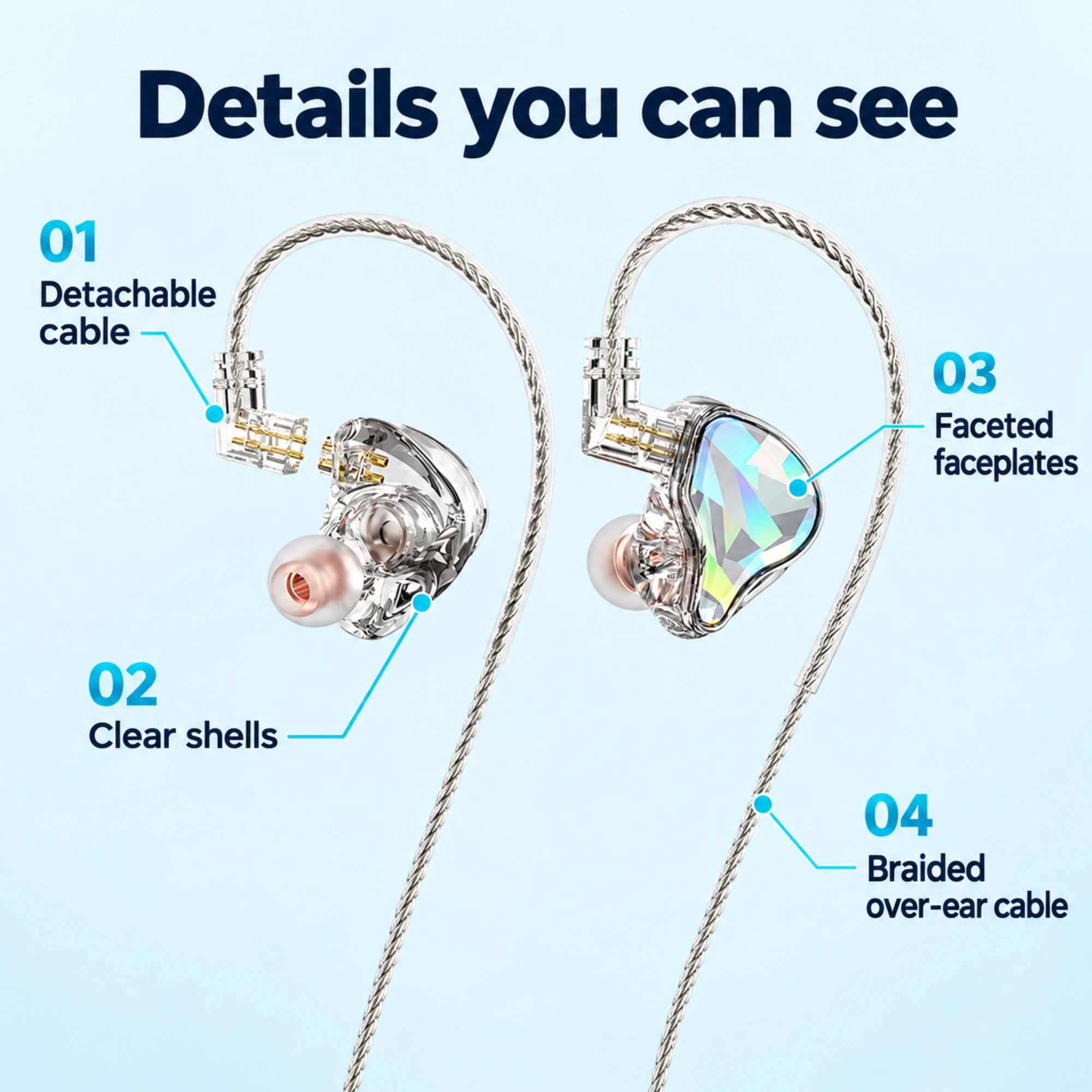 Faceted In-Ear Monitors with Detachable Braided Cable — alternate view