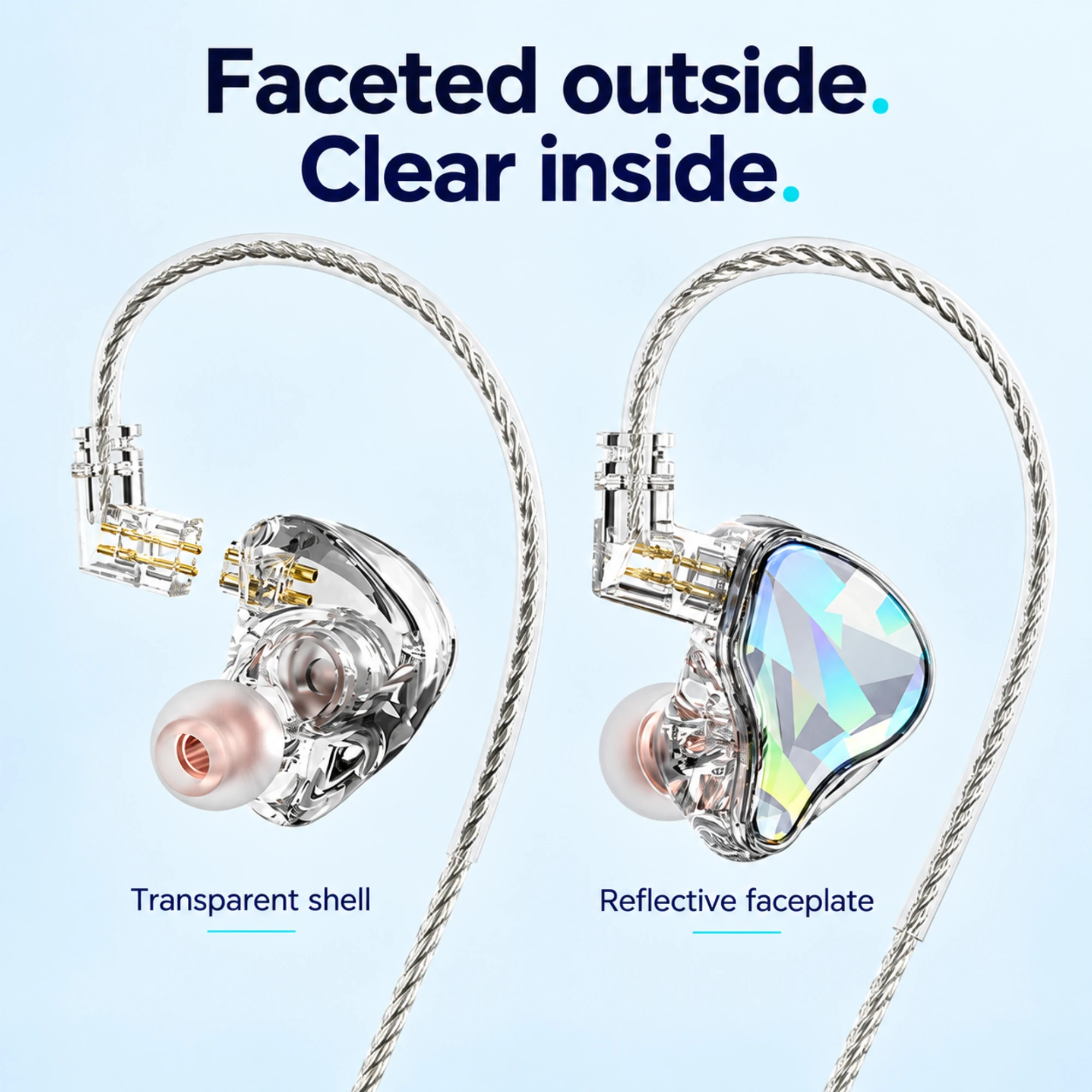 Faceted In-Ear Monitors with Detachable Braided Cable — surface detail