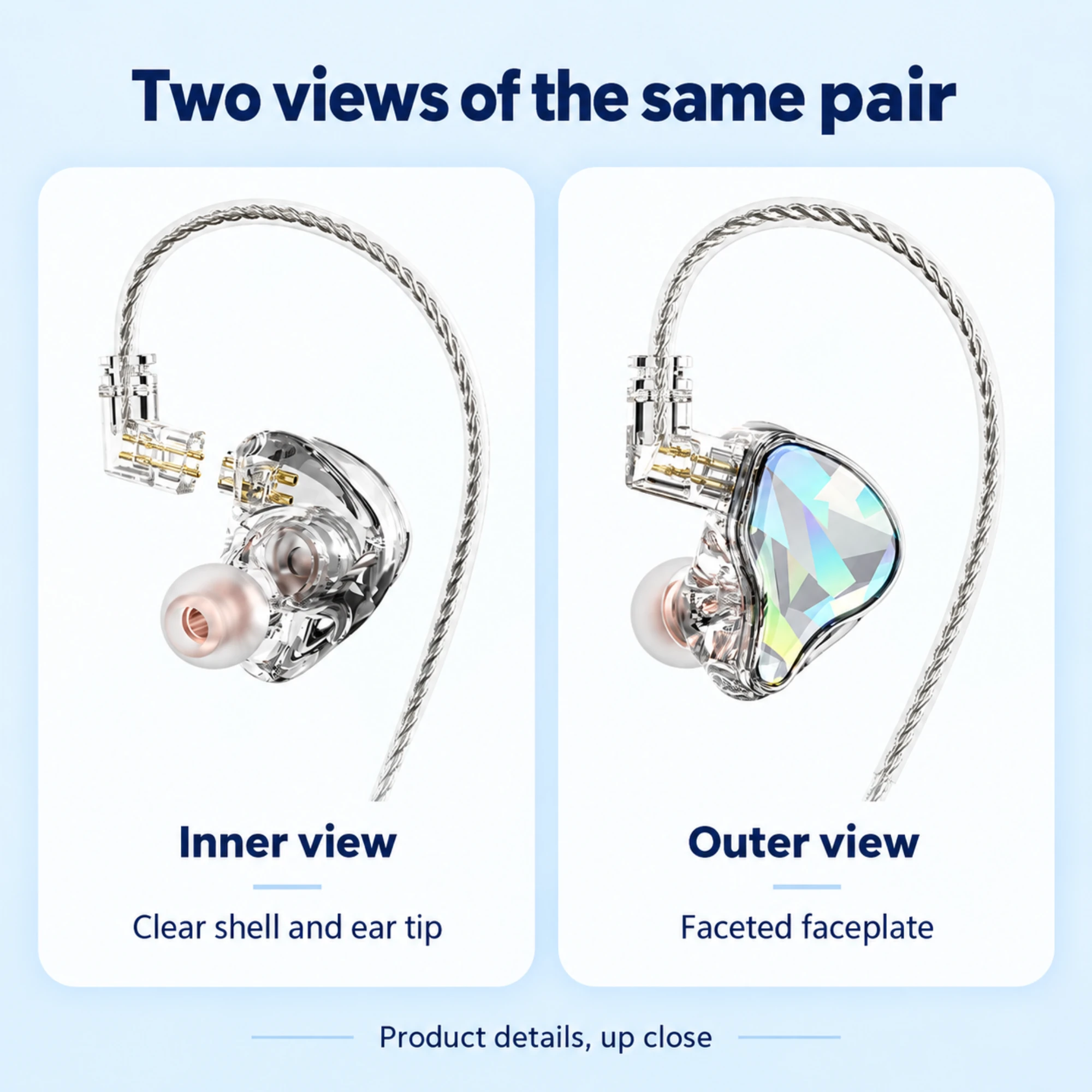 Faceted In-Ear Monitors with Detachable Braided Cable — design details