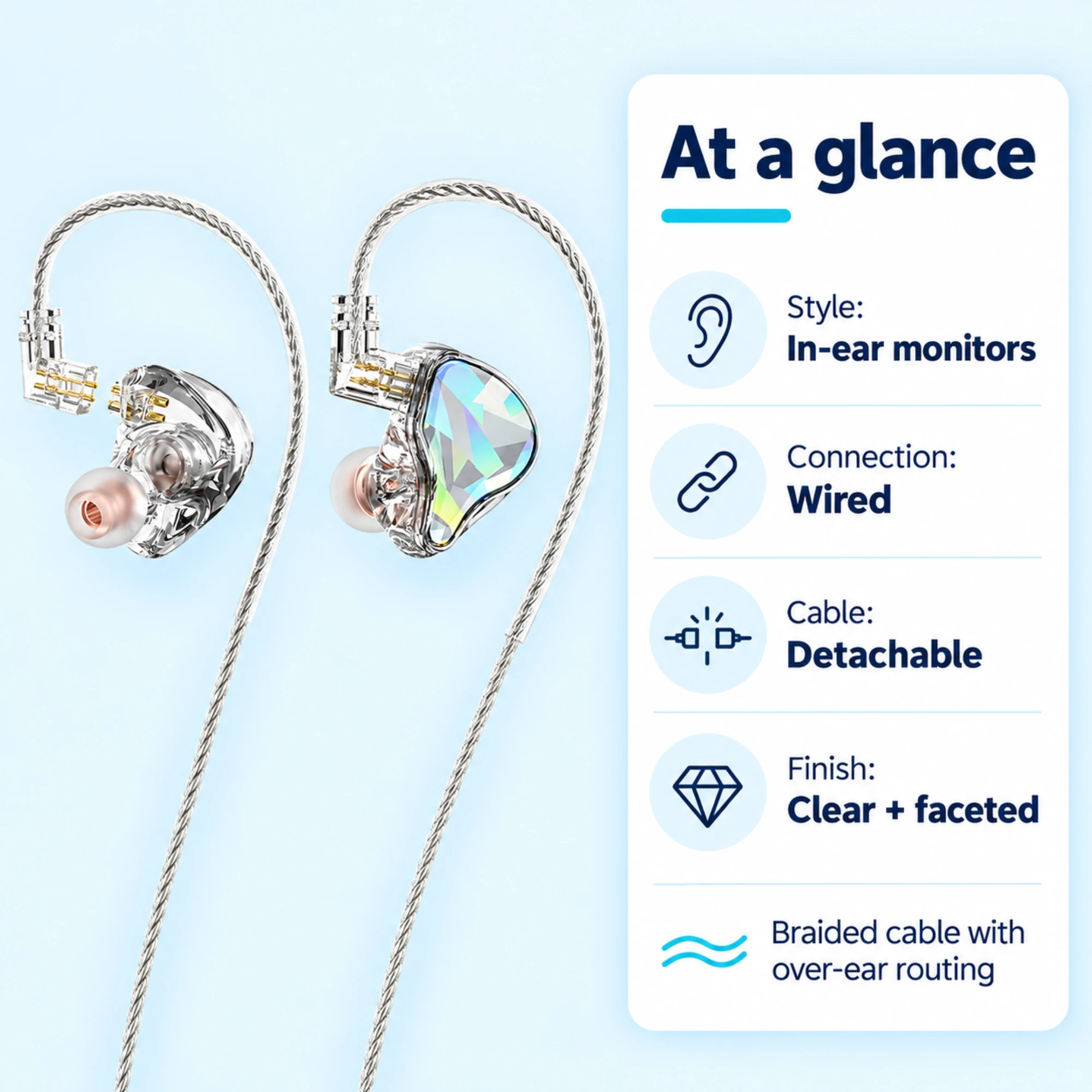 Faceted In-Ear Monitors with Detachable Braided Cable — at a glance