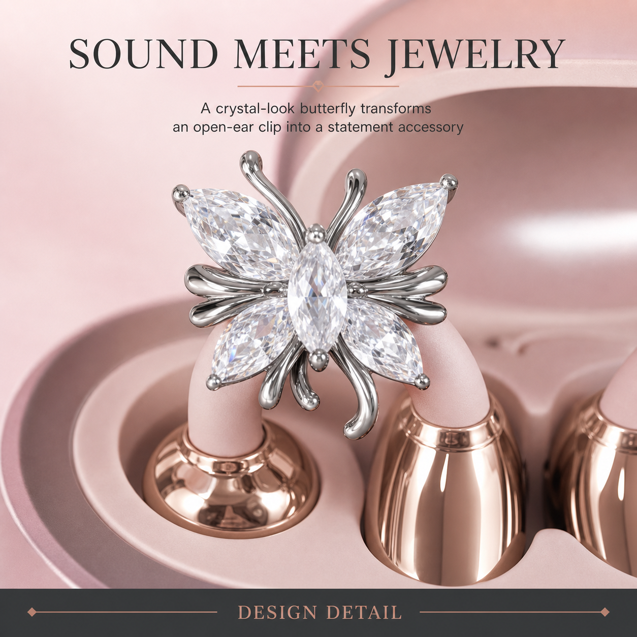 Crystal-look butterfly earbud jewelry design detail
