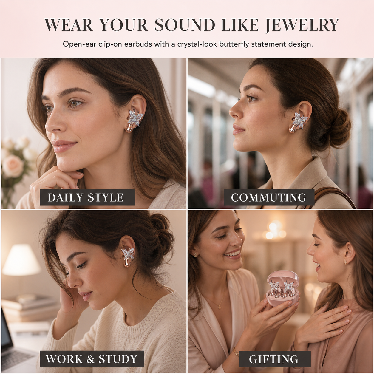 Butterfly clip-on earbuds for daily style commuting work and gifting