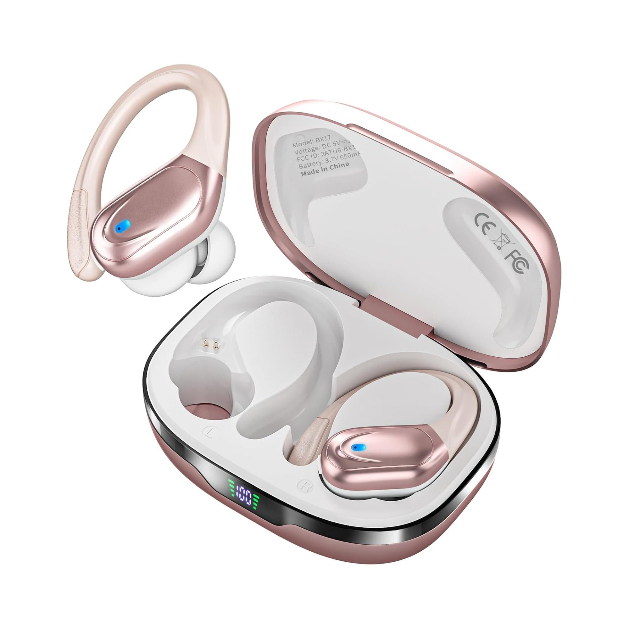 EARSOLE True Wireless Earbuds Series 217 in rose gold and white: one ear-hook earbud with a silicone tip beside an open charging case whose front display reads 100