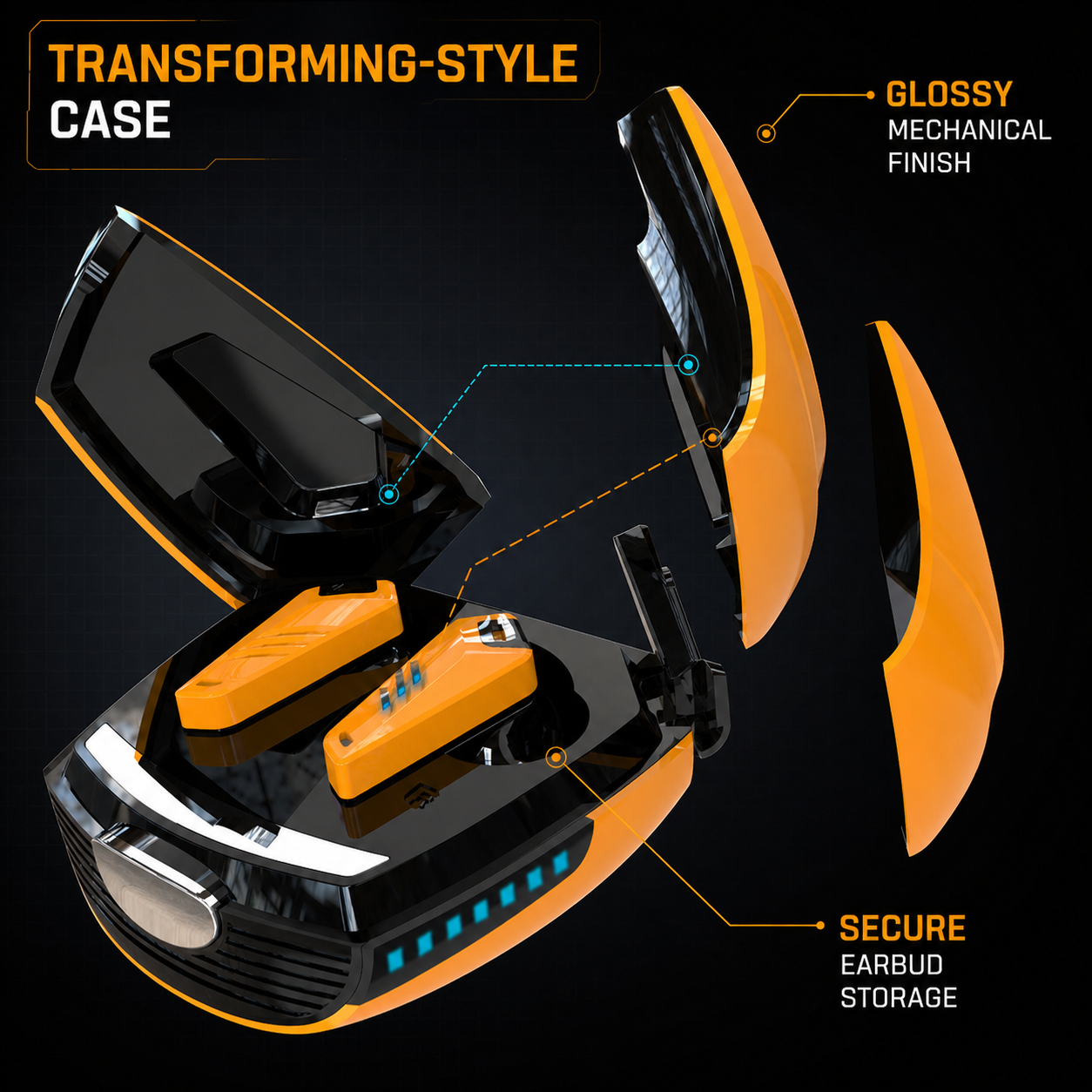 Transforming-style gaming earbud charging case details