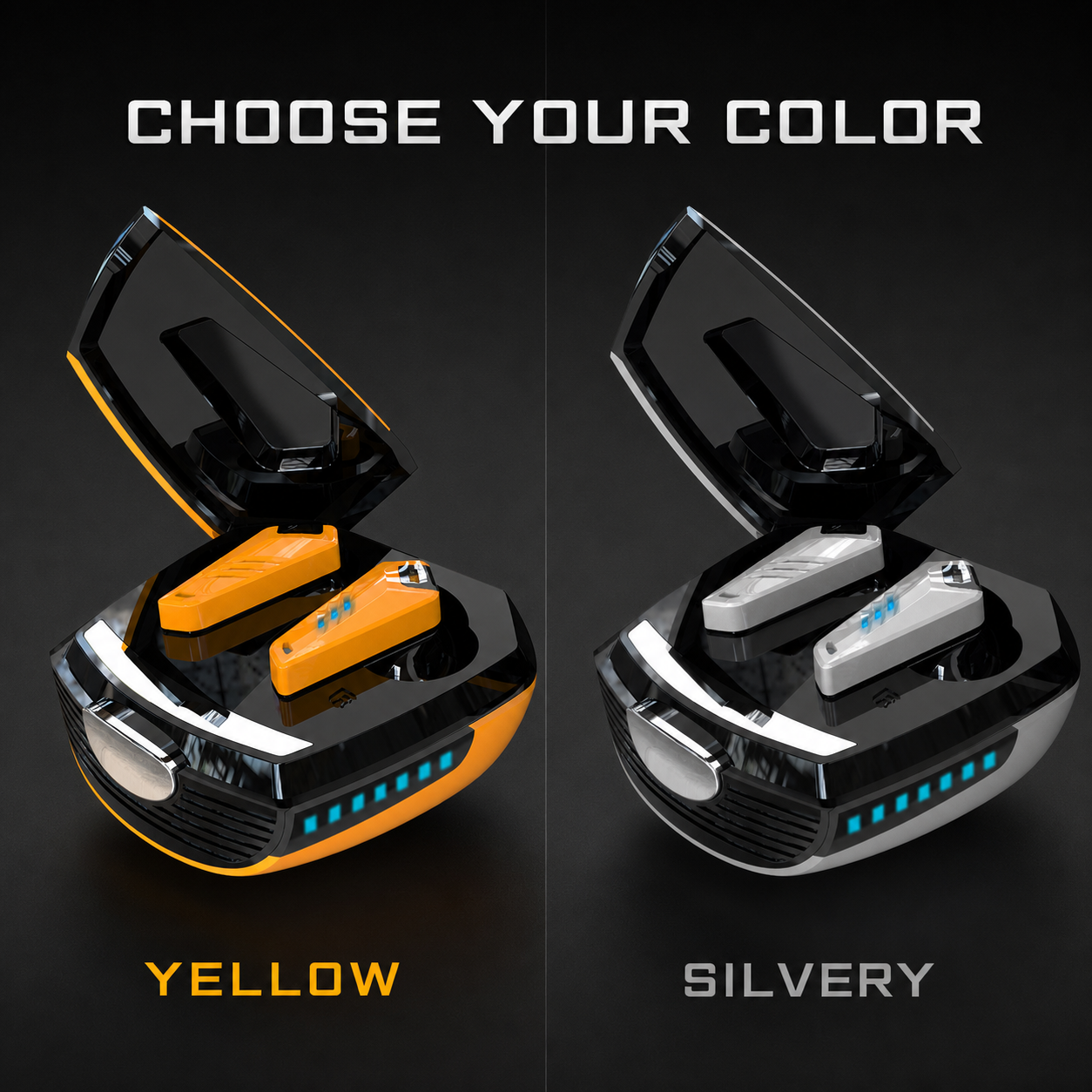 Yellow and Silvery wireless gaming earbud color options