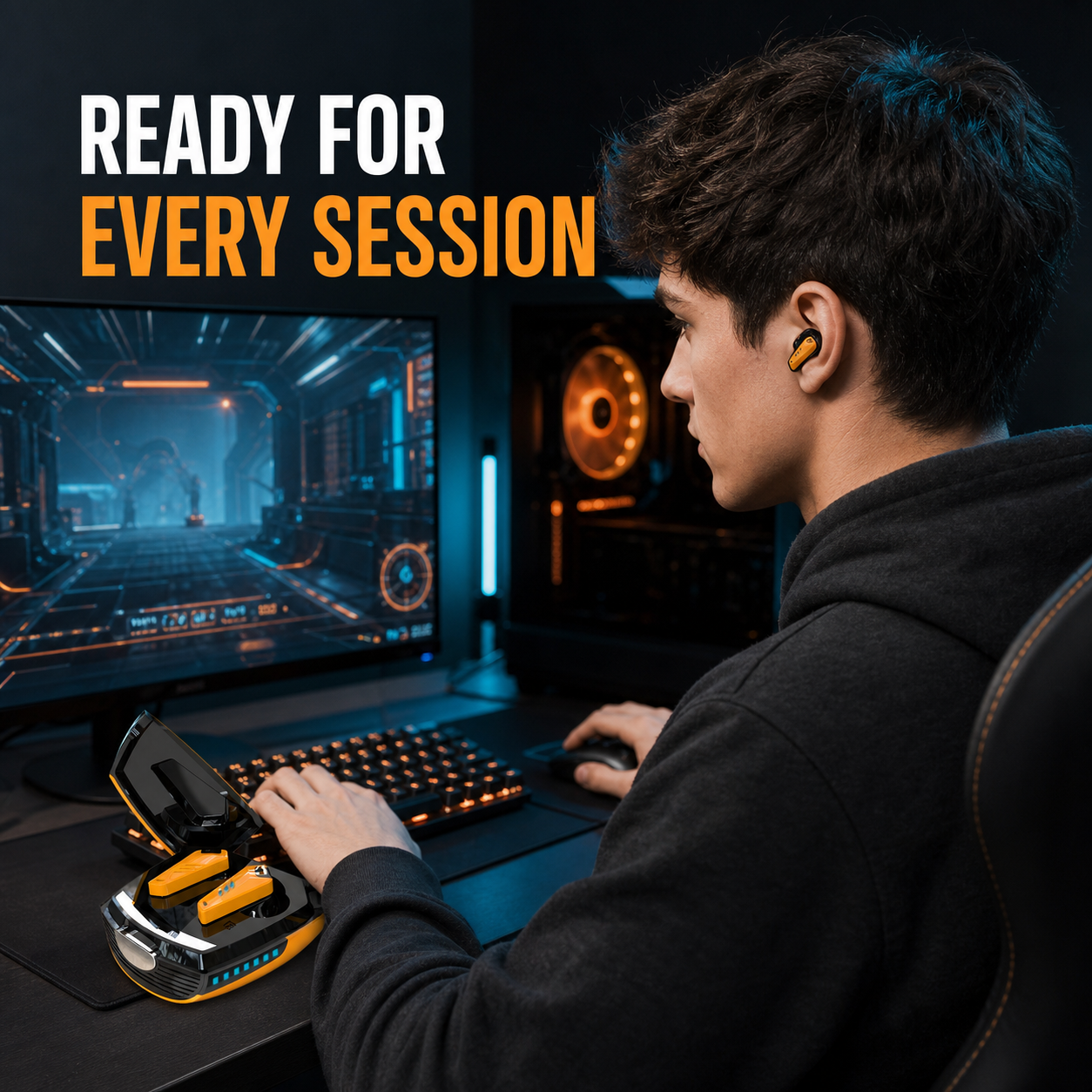 Wireless gaming earbuds in a PC gaming setup