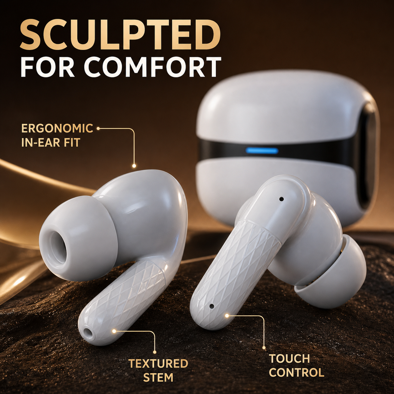 Ergonomic touch control earbuds with textured stems