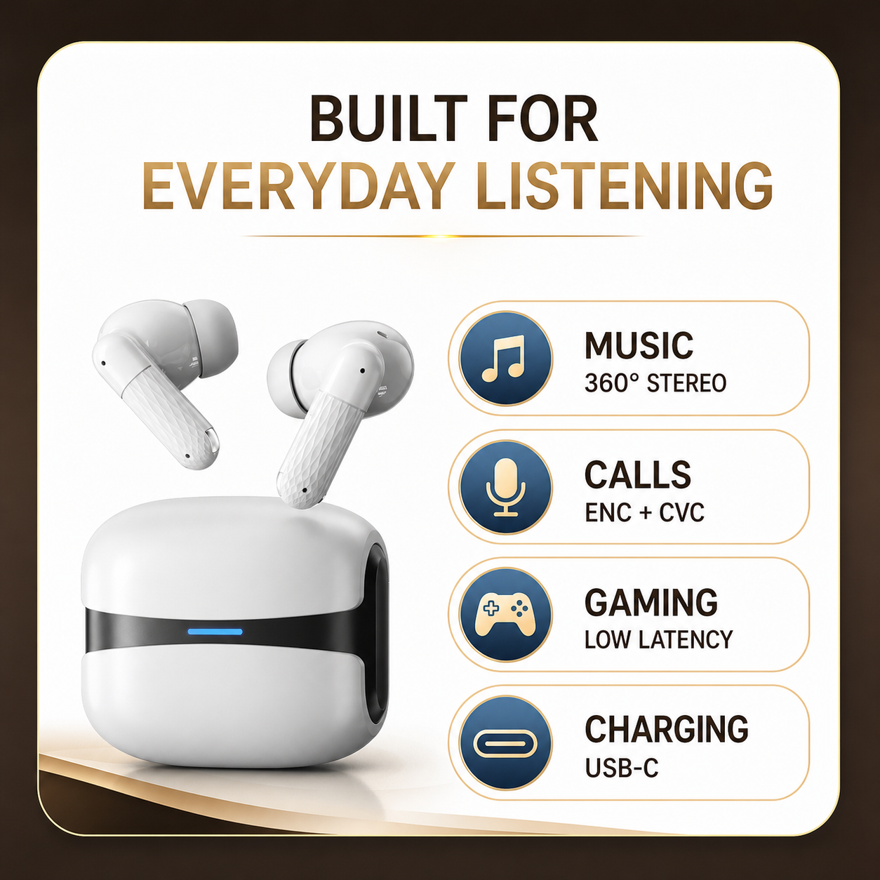 Wireless earbuds for music calls gaming and USB-C charging