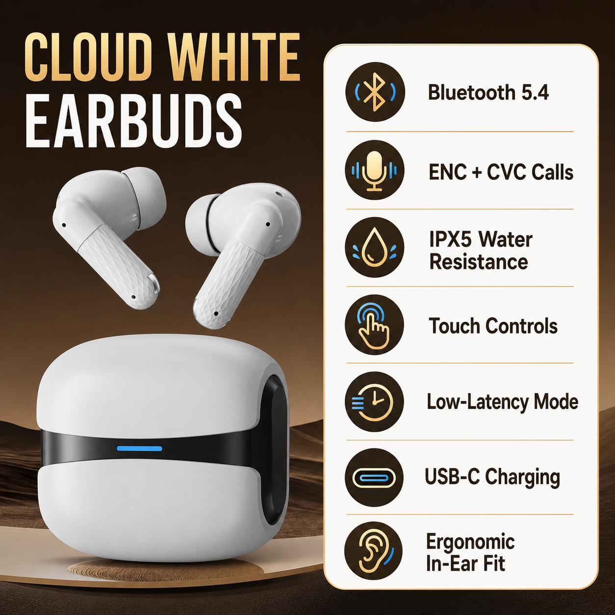 Bluetooth 5.4 IPX5 wireless earbud specifications