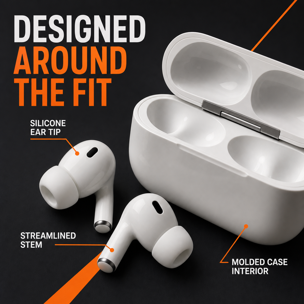In-ear wireless earbud and molded charging case details