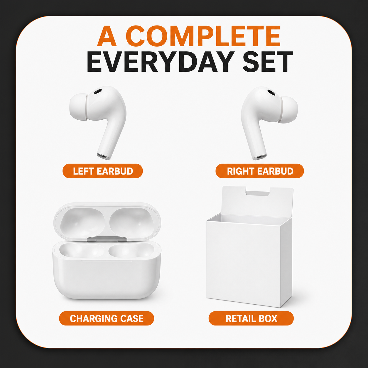 White earbuds charging case and retail box contents