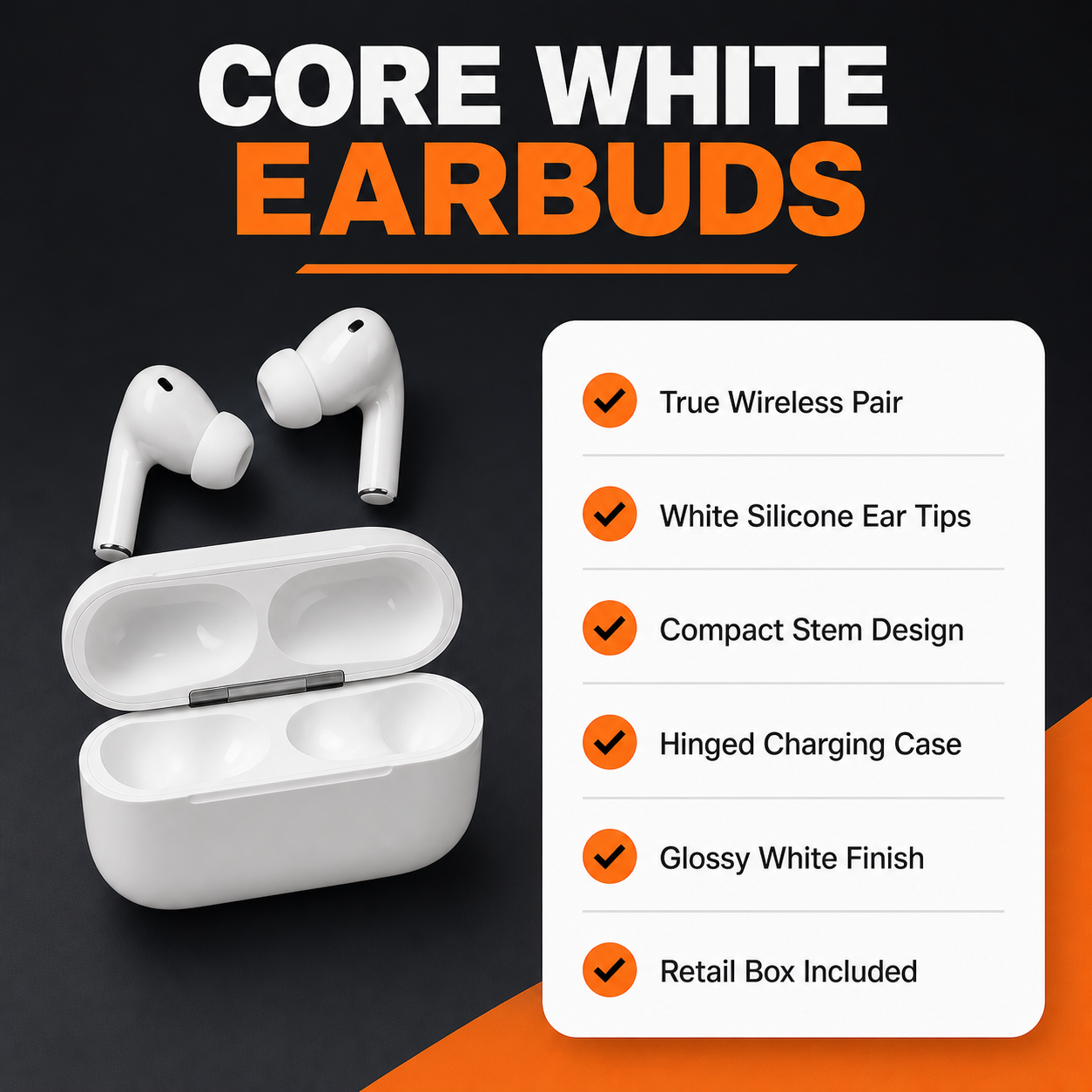 Core White wireless earbud visible specifications
