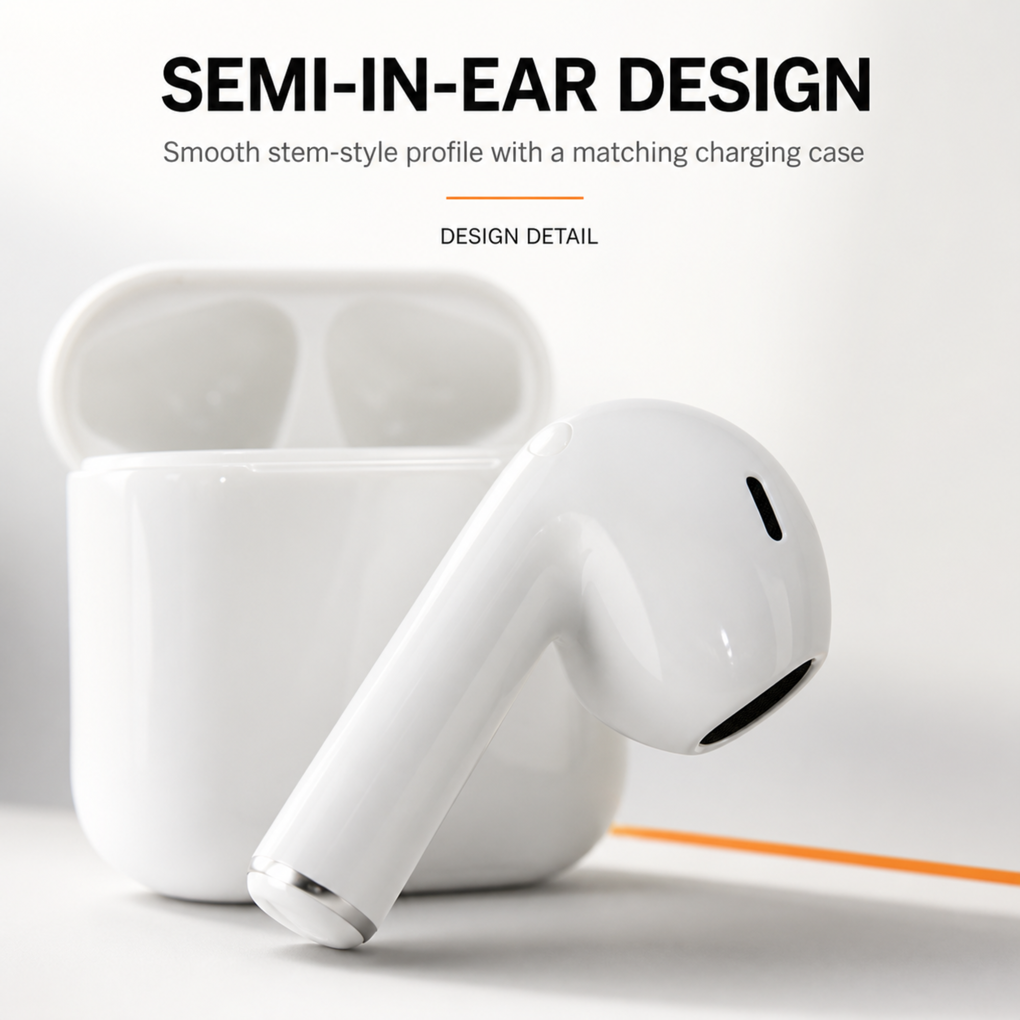 Close-up of the smooth stem-style semi-in-ear wireless earbud design