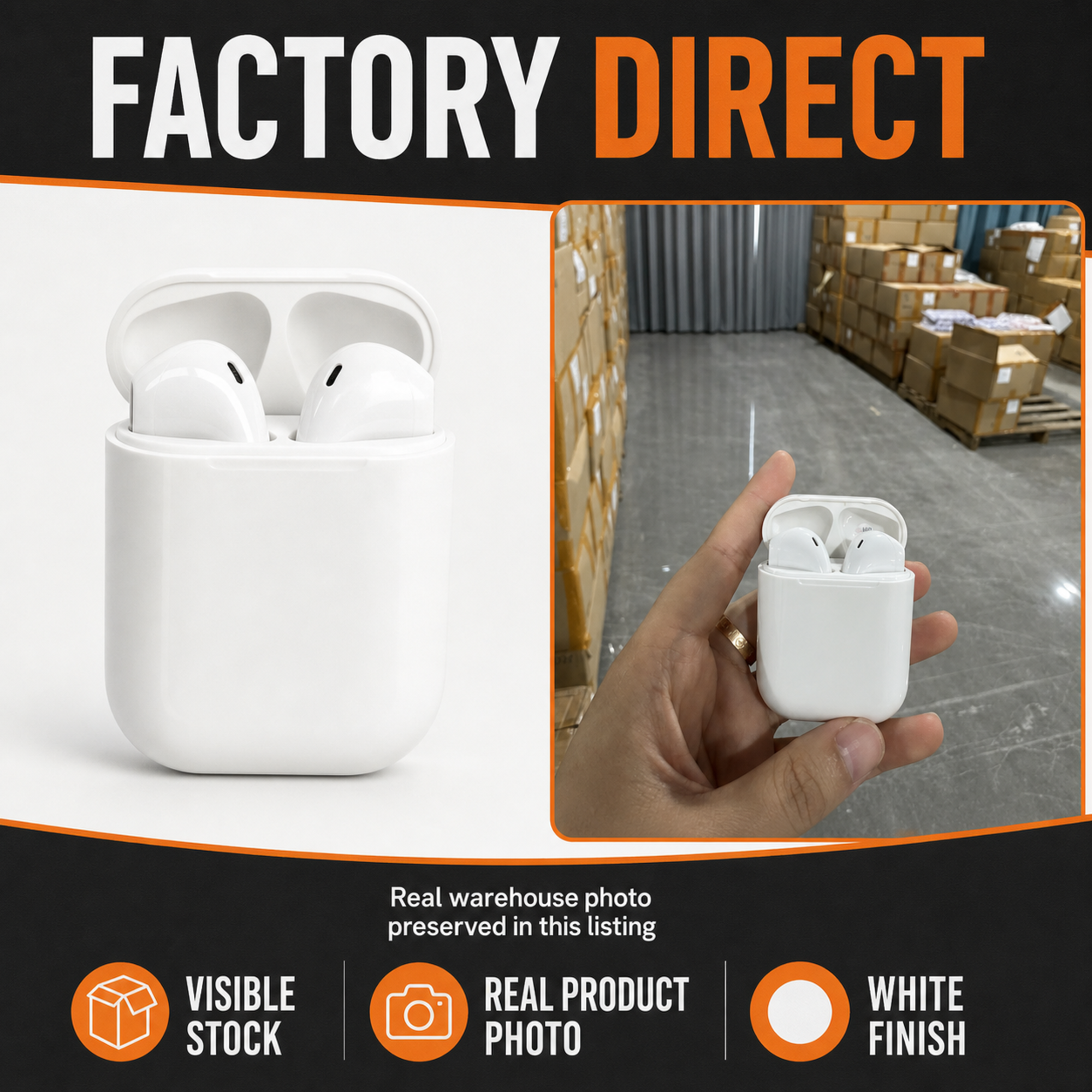 Factory direct wireless earbuds shown with a real warehouse product photo