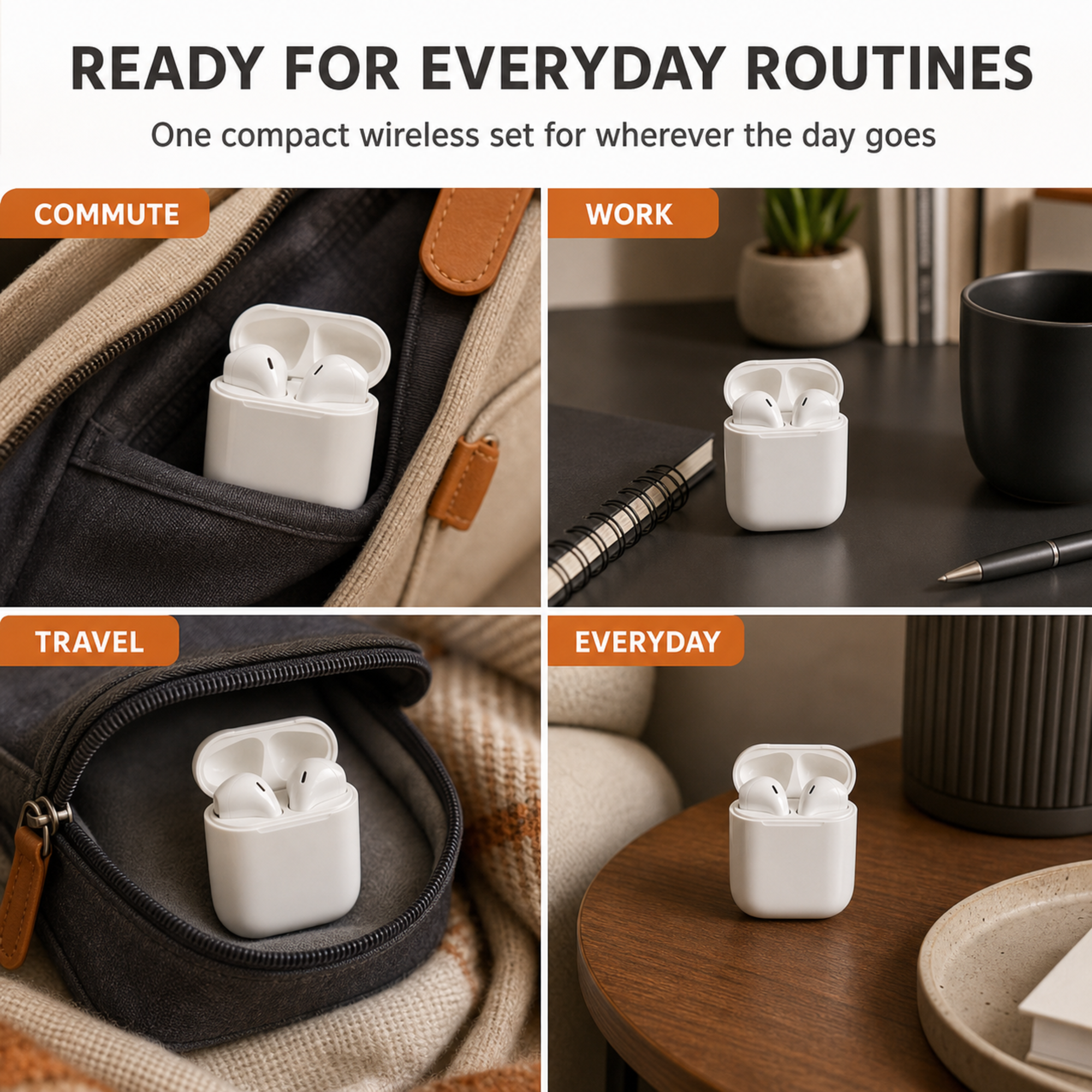 Compact white wireless earbuds for commuting, work, travel, and everyday routines