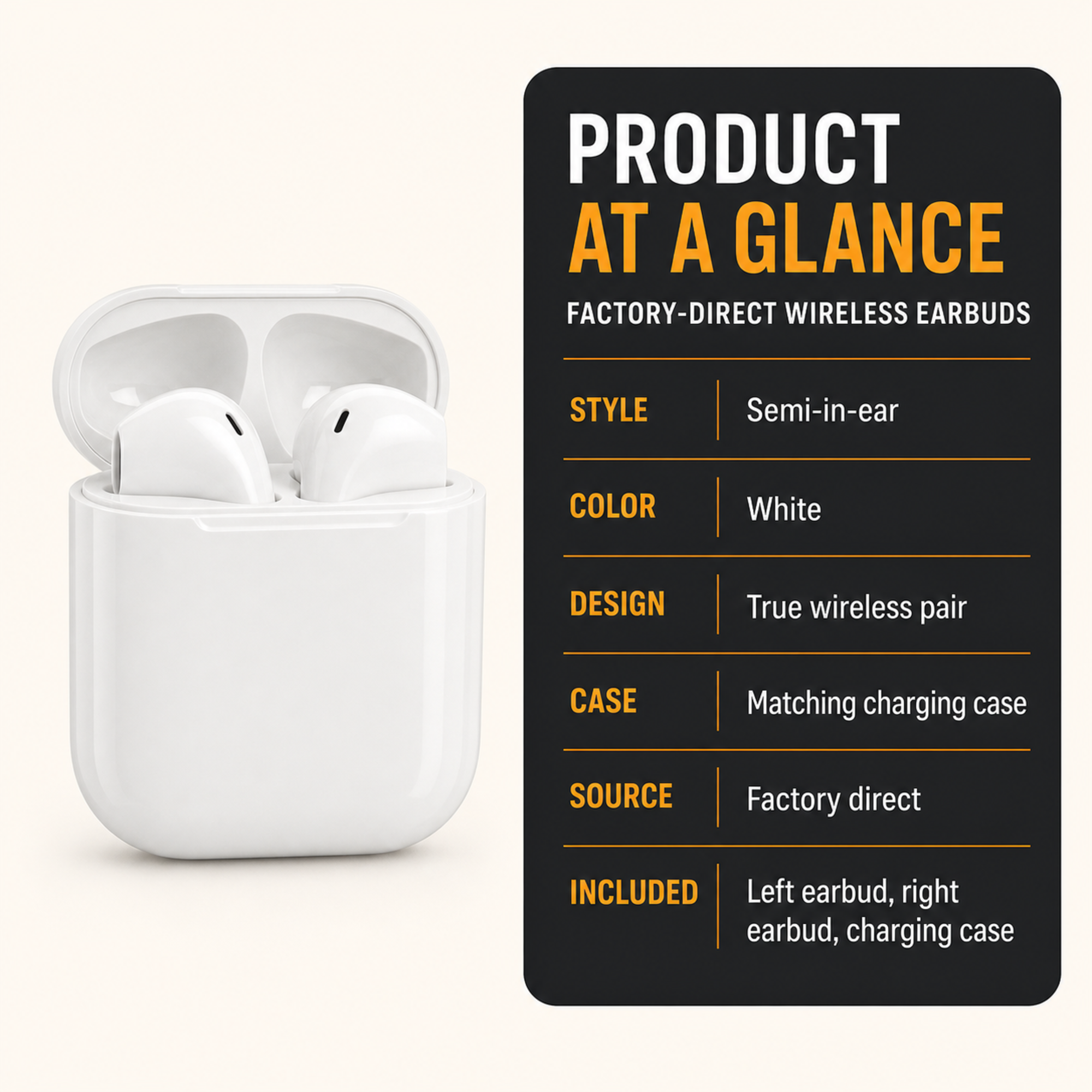 Factory direct white wireless earbuds product details and included charging case