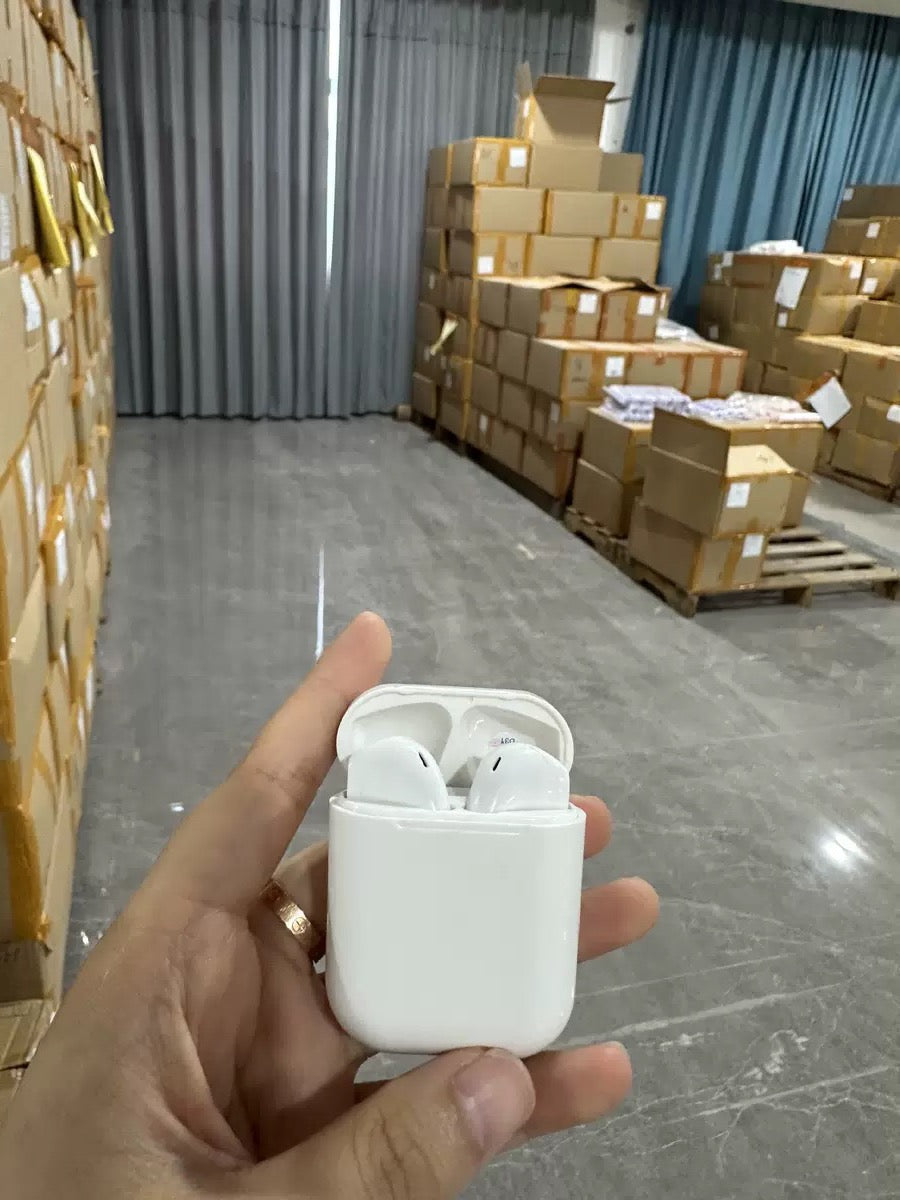 Upright original factory warehouse photo of white wireless earbuds held in their charging case