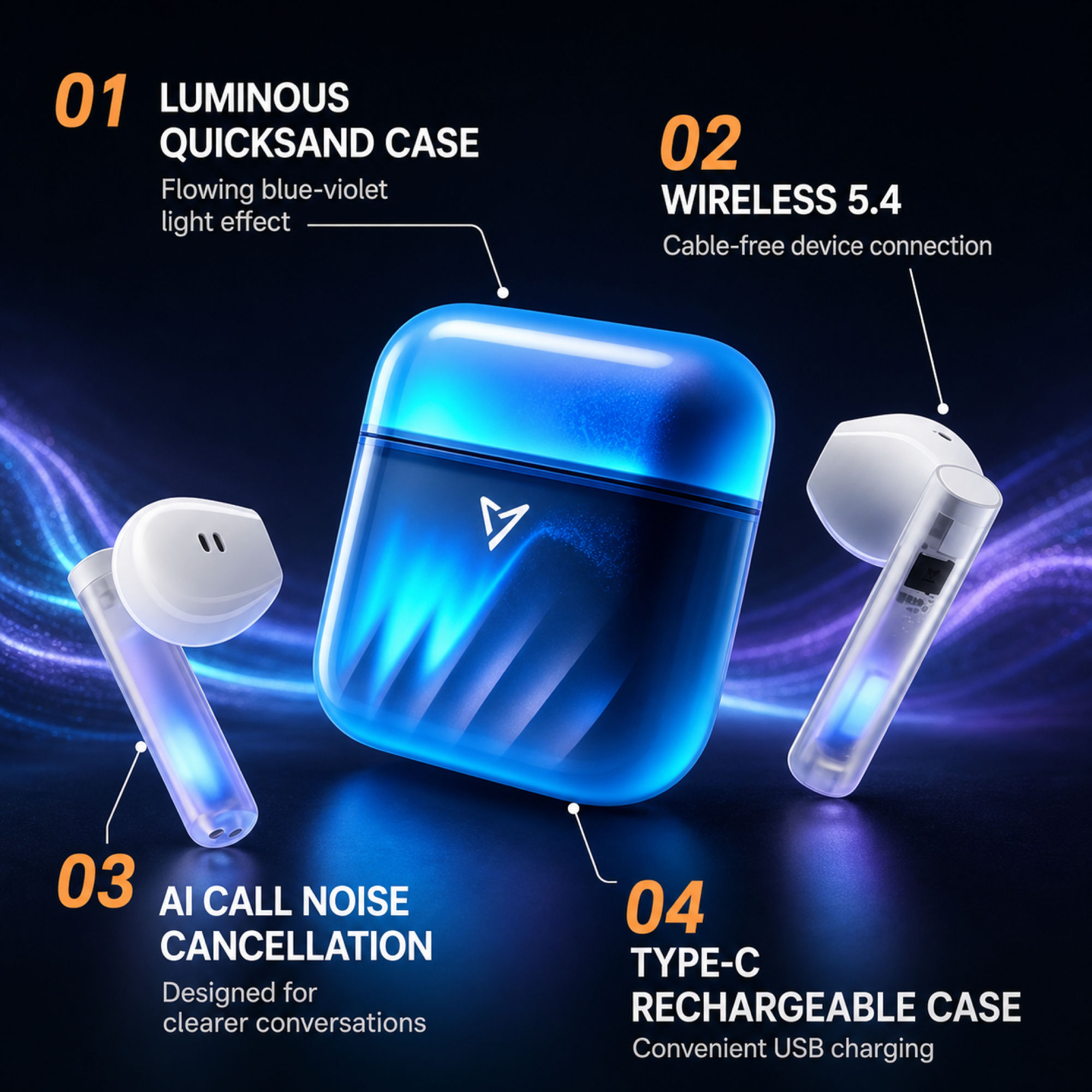 EARSOLE Glow Wireless Earbuds with Luminous Quicksand Case — Bluetooth 5.4 — alternate view